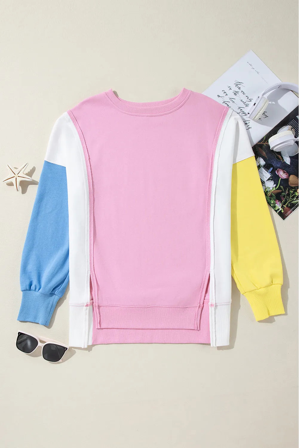 Slit Contrast Round Neck Long Sleeve Sweatshirt - Luxe4Everyday Blush Pink / S Sweatshirt