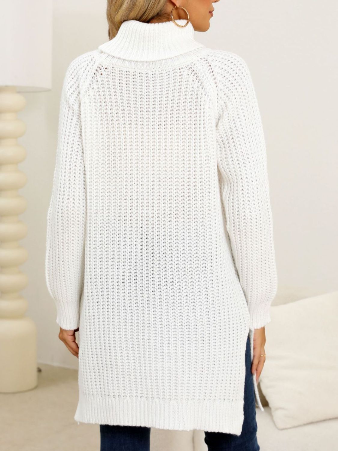 Slit Turtleneck Long Sleeve Sweater - Luxe4Everyday White / S Sweater