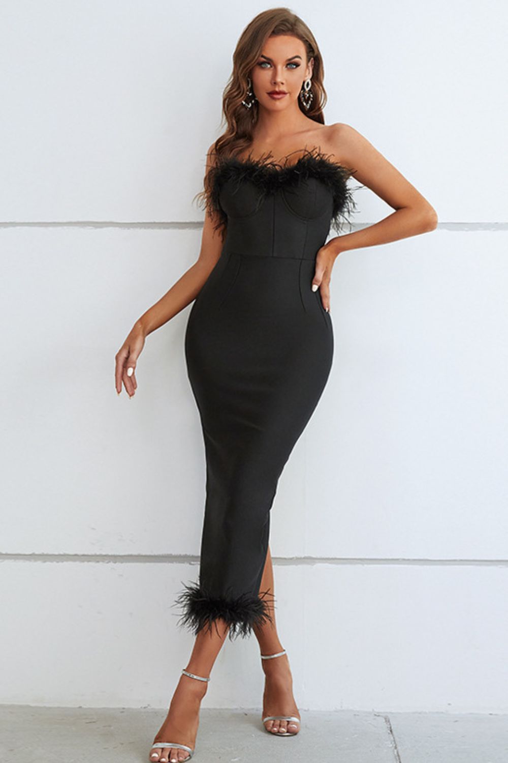 Feather Trim Strapless Sweetheart Neck Dress - Luxe4Everyday Dress