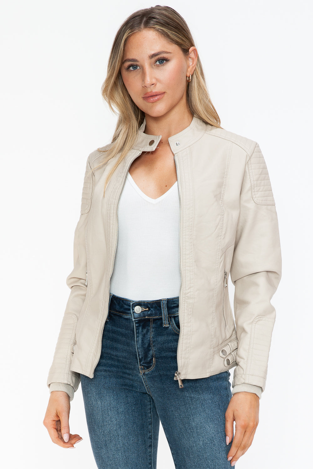 Snobbish Faux Leather Biker Jacket with Side Zip Pockets - Luxe4Everyday Sand / S Jacket