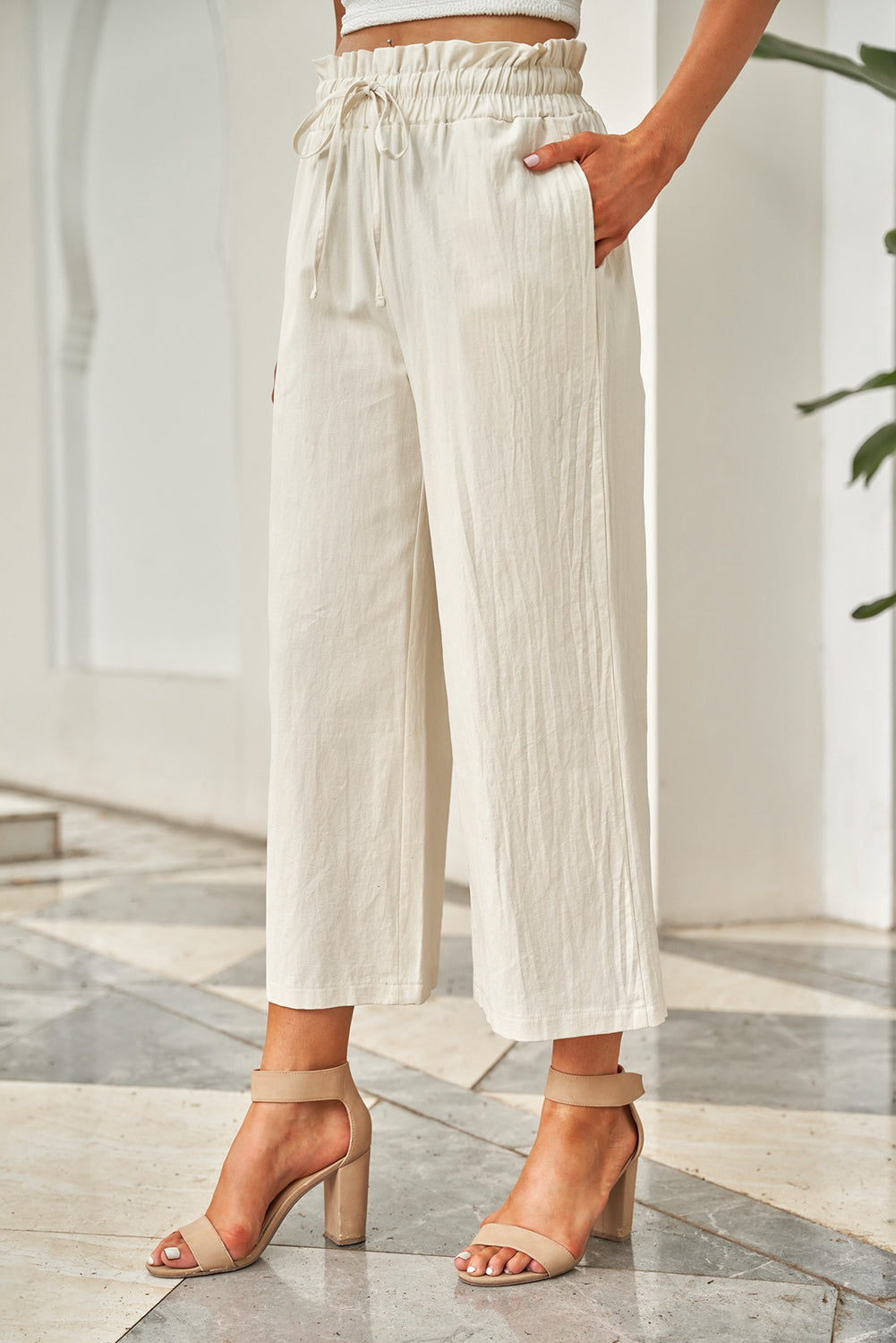 Drawstring Paperbag Waist Wide Leg Pants - Luxe4Everyday Ivory / S Pants