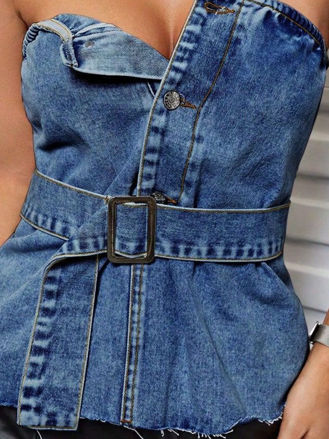 Buttoned Raw Hem Tube Denim Top - Luxe4Everyday Top