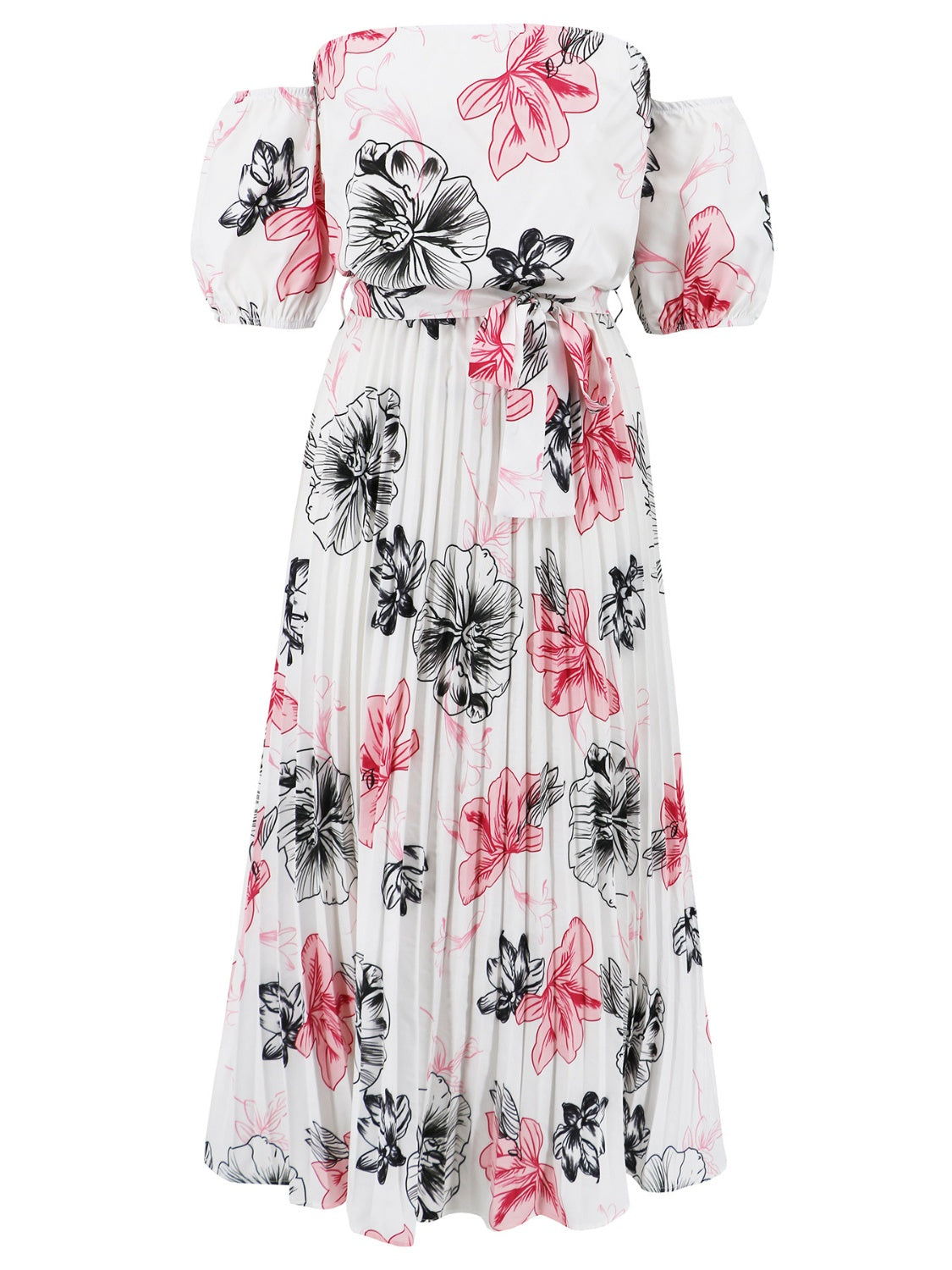 Pleated Floral Off-Shoulder Short Sleeve Midi Dress - Luxe4Everyday White / S Dress