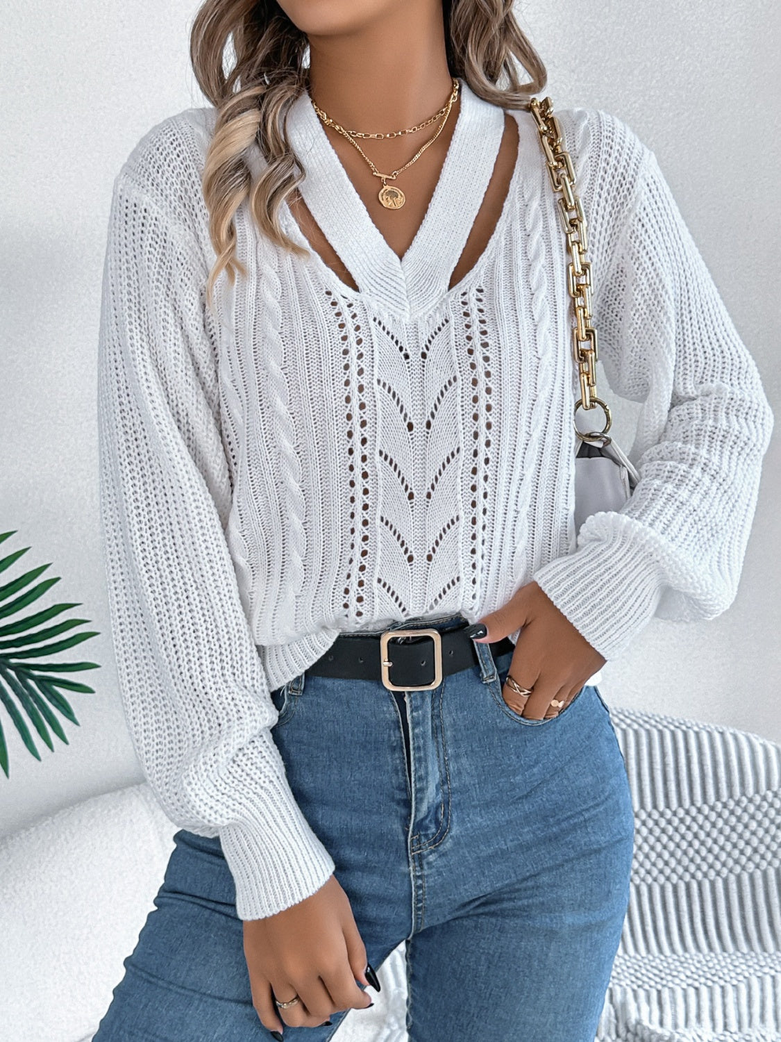 Cutout V-Neck Long Sleeve Sweater - Luxe4Everyday Sweater