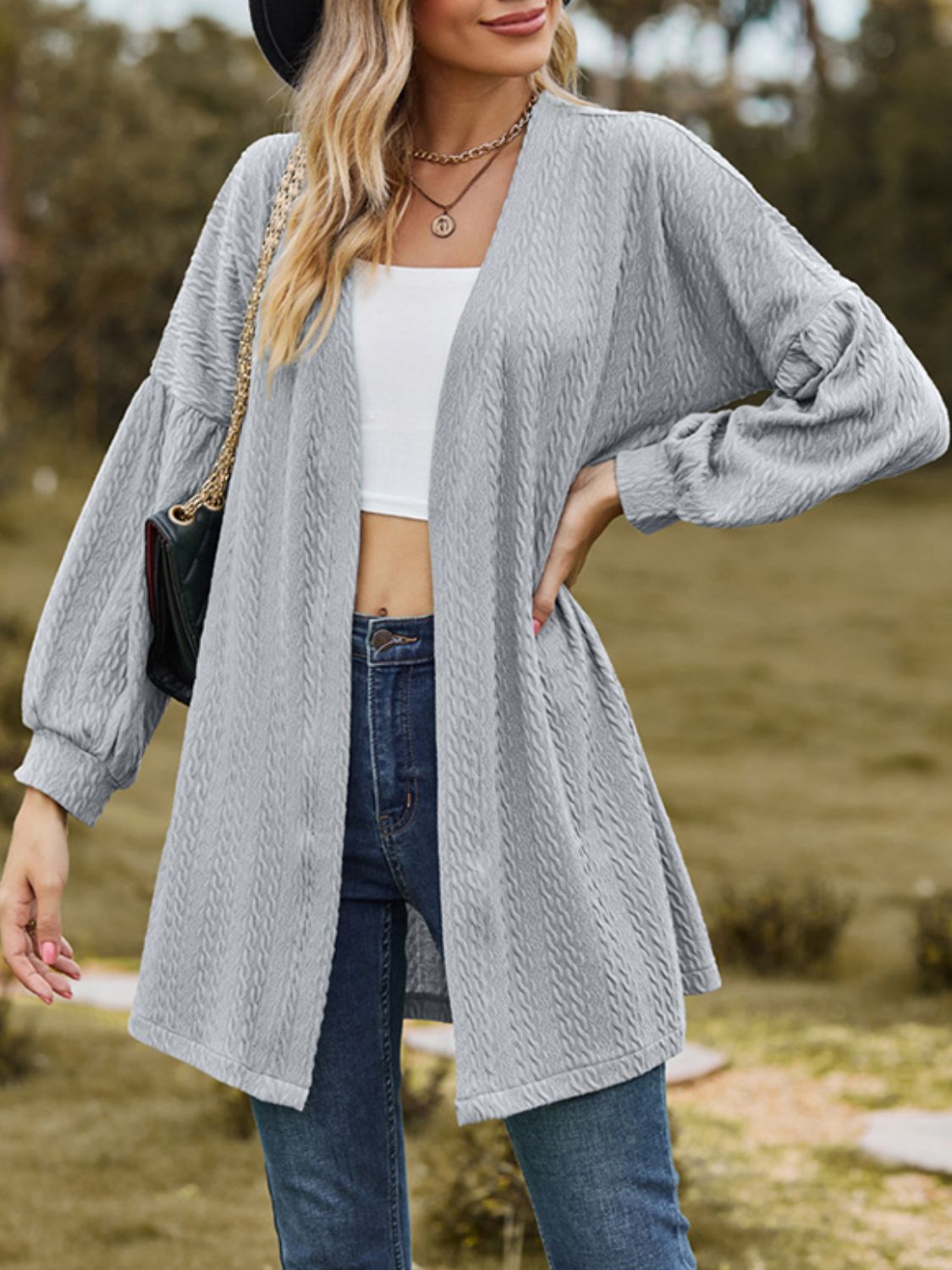 Textured Open Front Dropped Shoulder Cardigan - Luxe4Everyday Gray / S Jacket