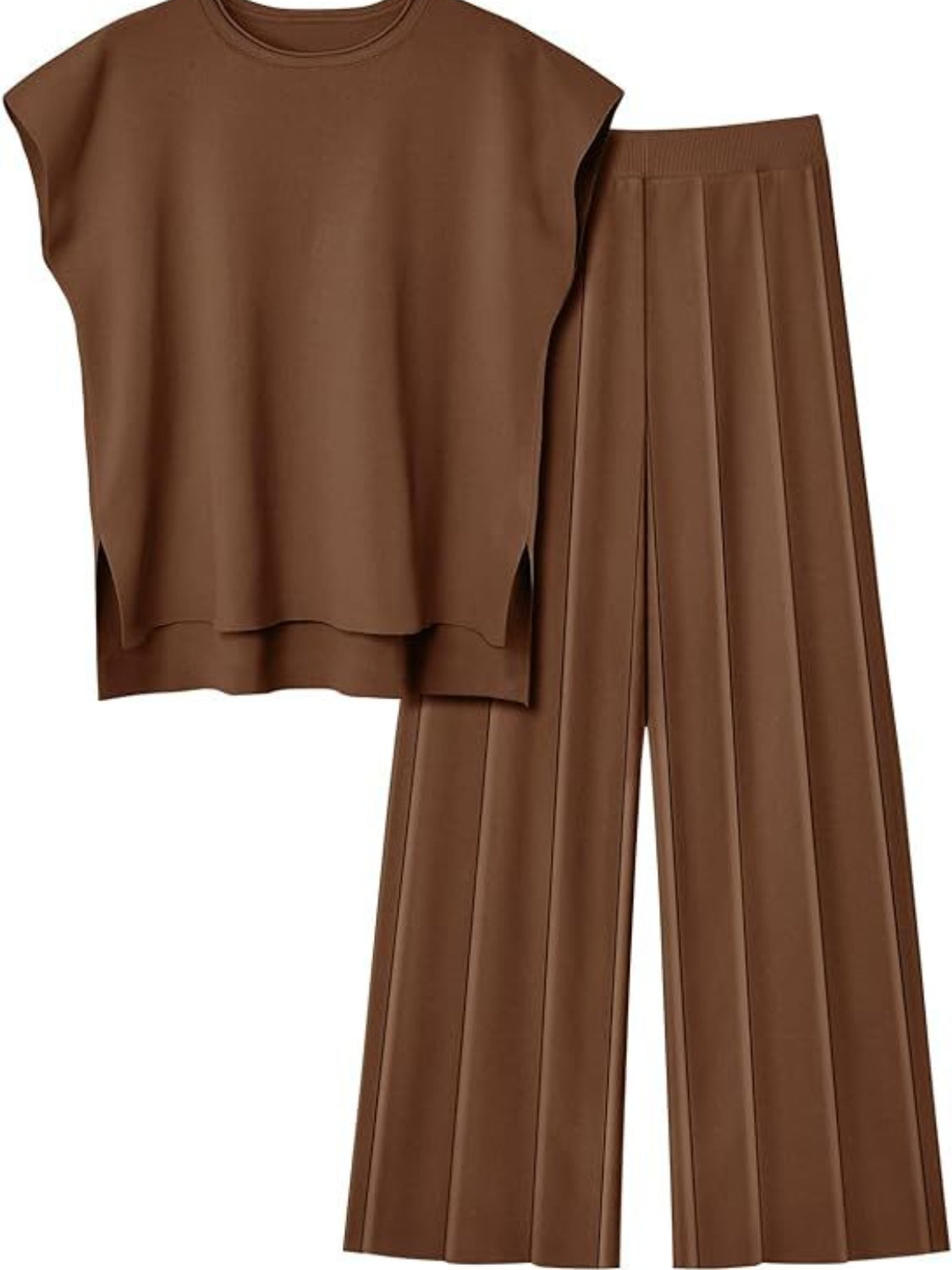 Round Neck Cap Sleeve Top and Pants Knit Set - Luxe4Everyday Camel / S Two-piece sets