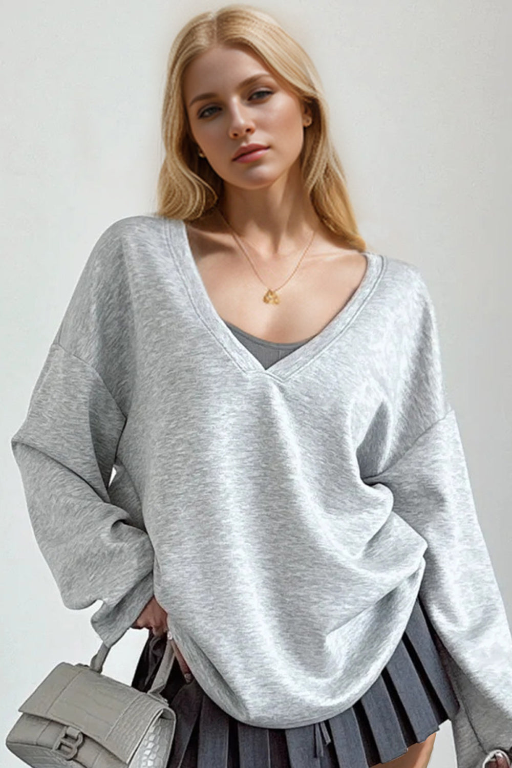 Basic Bae V-Neck Dropped Shoulder Long Sleeve Sweatshirt with Bra - Luxe4Everyday Light Gray / S Sweater