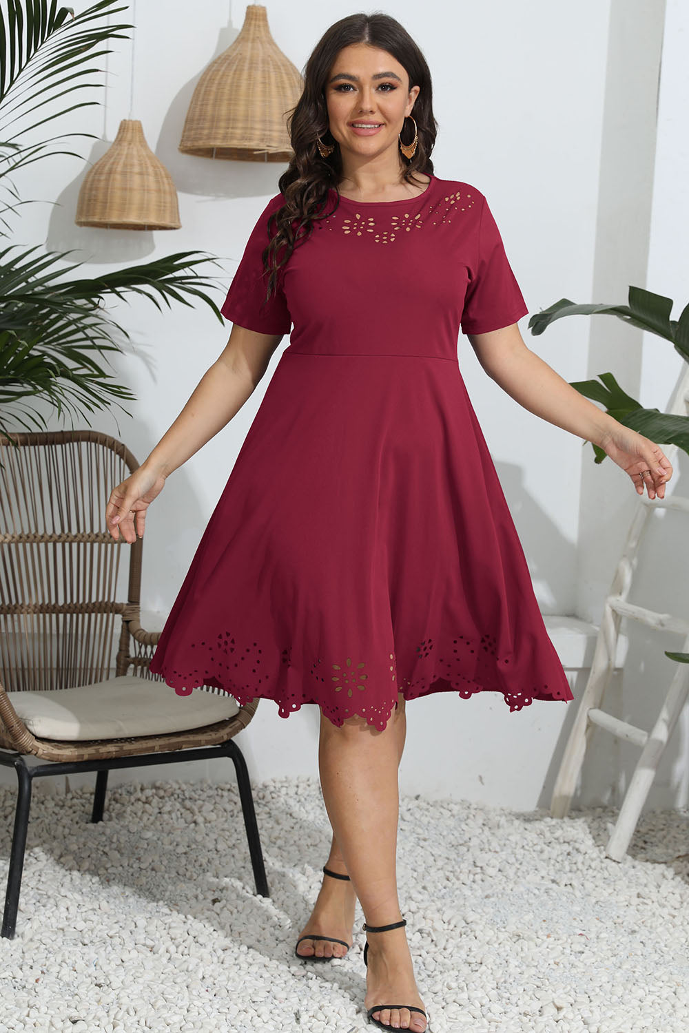 Plus Size Round Neck Openwork Dress - Luxe4Everyday Deep Red / L Dress