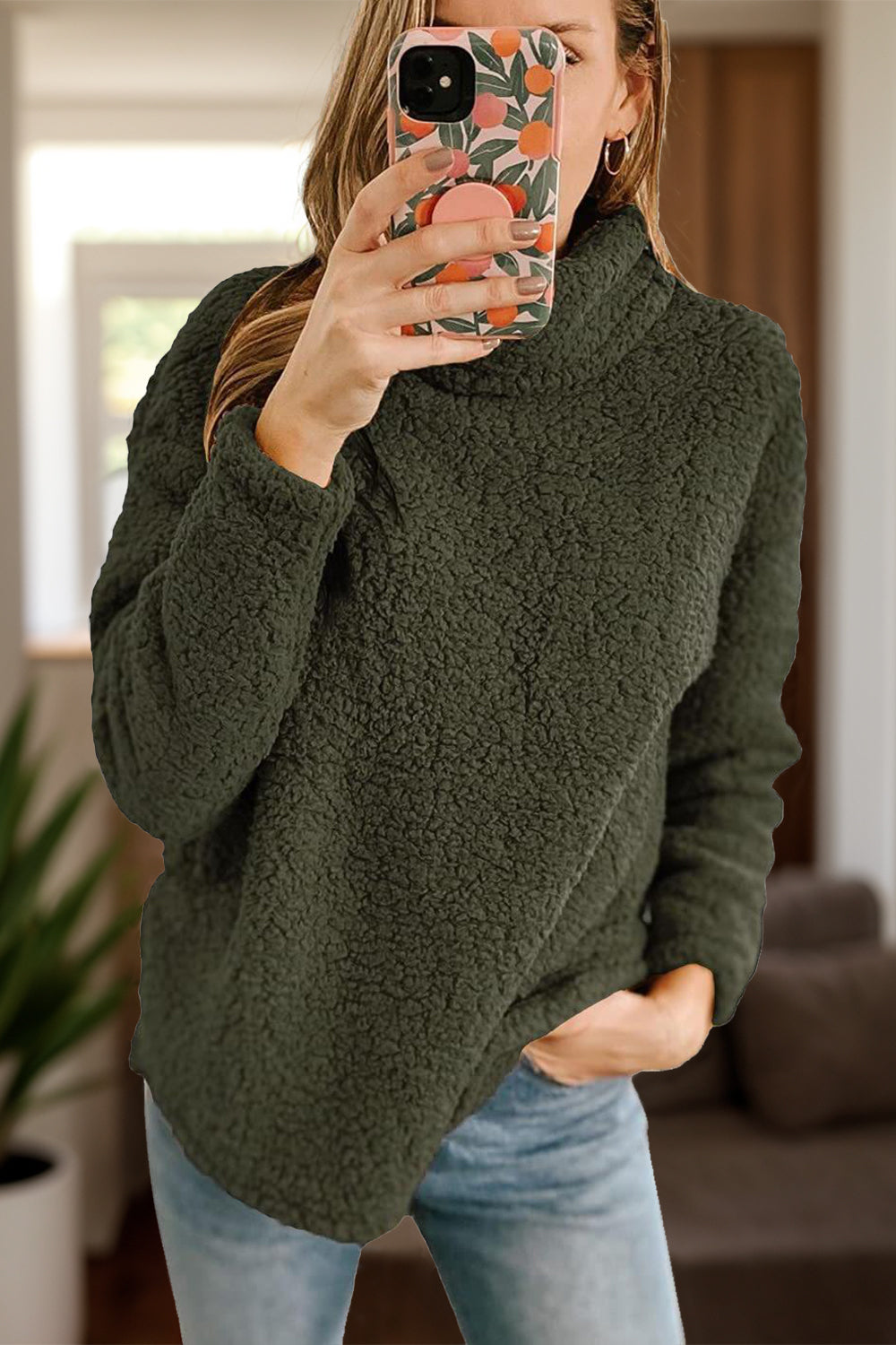 Fuzzy Turtleneck Long Sleeve Sweatshirt - Luxe4Everyday Army Green / S Sweater