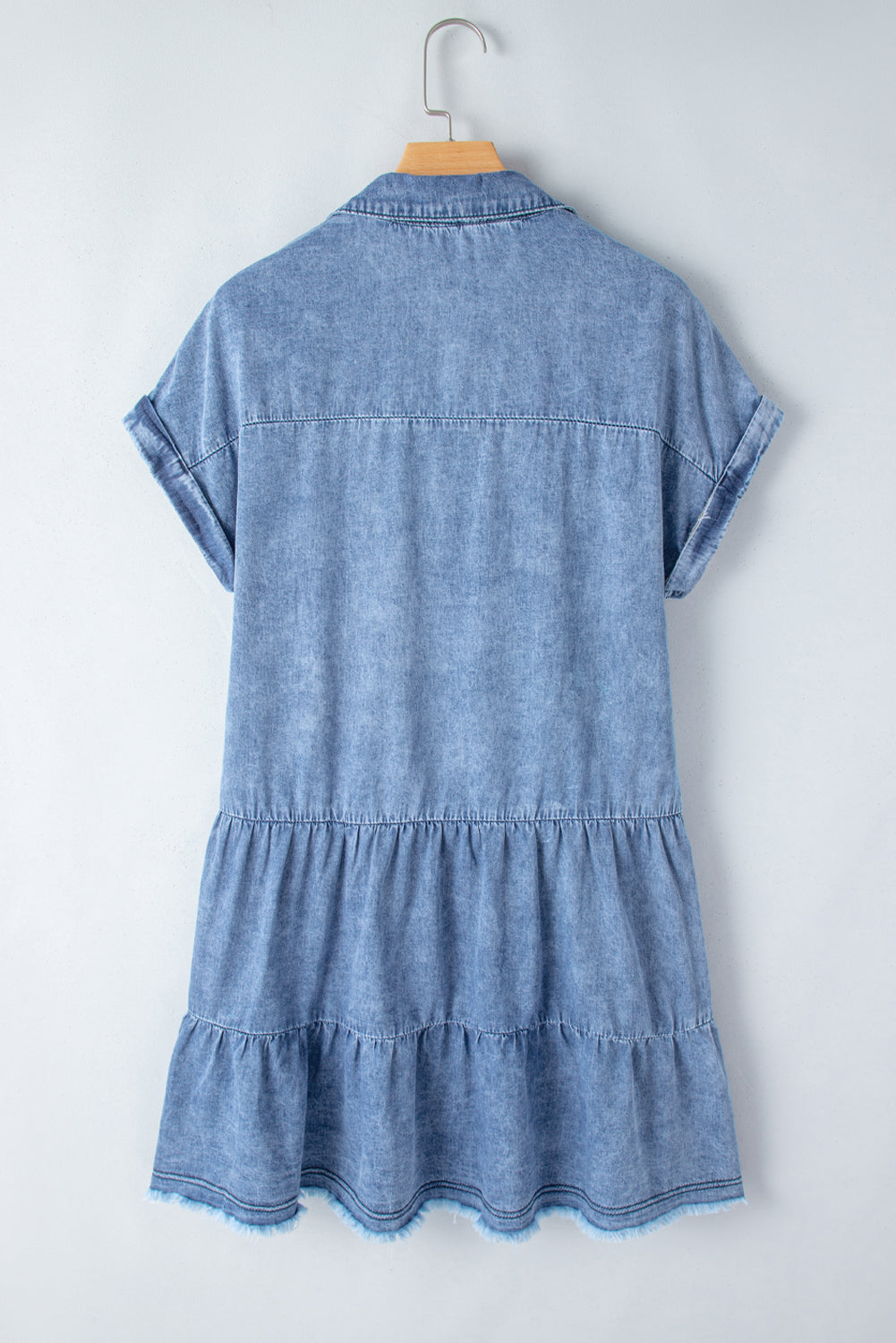 Raw Hem Collared Neck Short Sleeve Denim Dress - Luxe4Everyday Dress