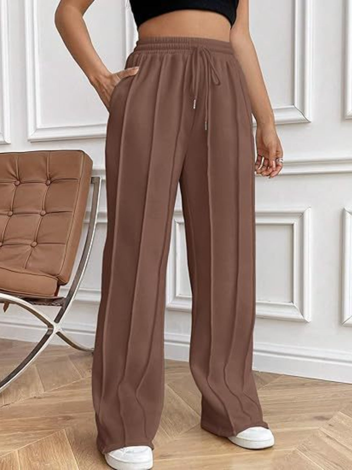 Drawstring Wide Leg Pants with Pockets - Luxe4Everyday Brown / S Pants