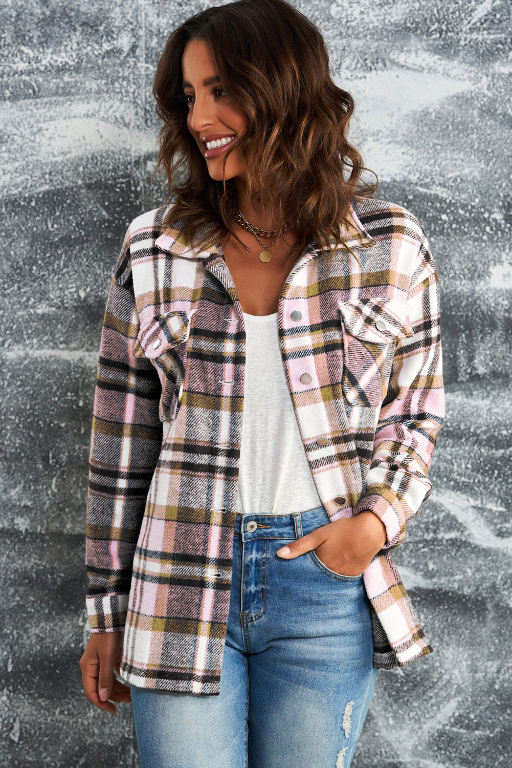 Plaid Button Front Shirt Jacket with Breast Pockets - Luxe4Everyday Pink / S Jacket