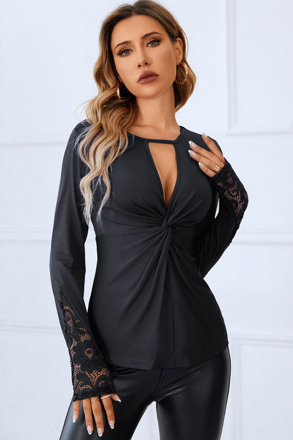 Twisted Cutout Lace Detail Long Sleeve Blouse - Luxe4Everyday Black / S Shirt