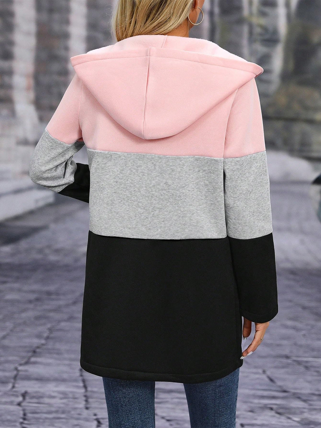 Color Block Zip Up Long Sleeve Hooded Outerwear - Luxe4Everyday Blush Pink / S Coat