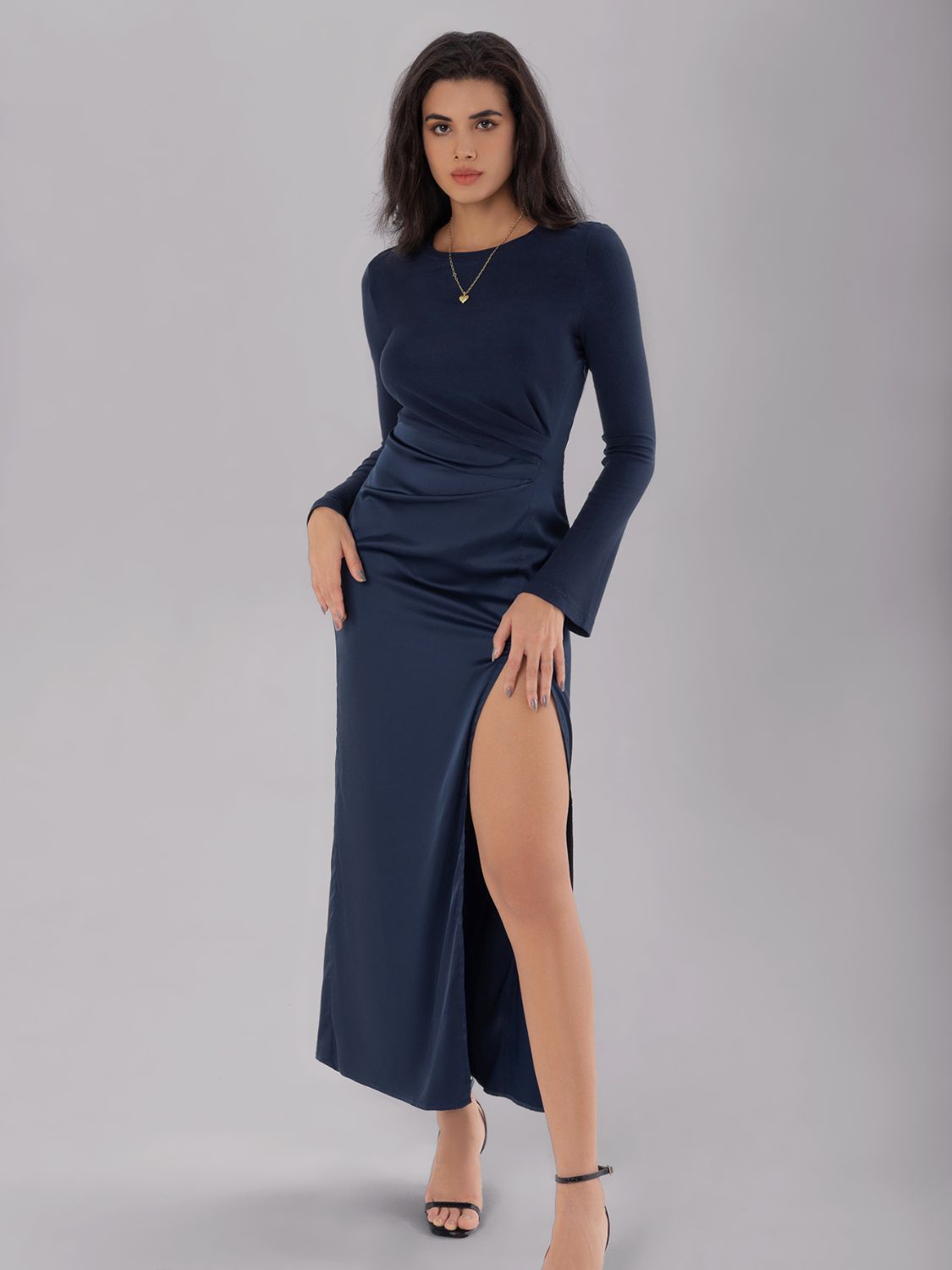 Split Round Neck Long Sleeve Midi Dress - Luxe4Everyday Dark Navy / S Dress