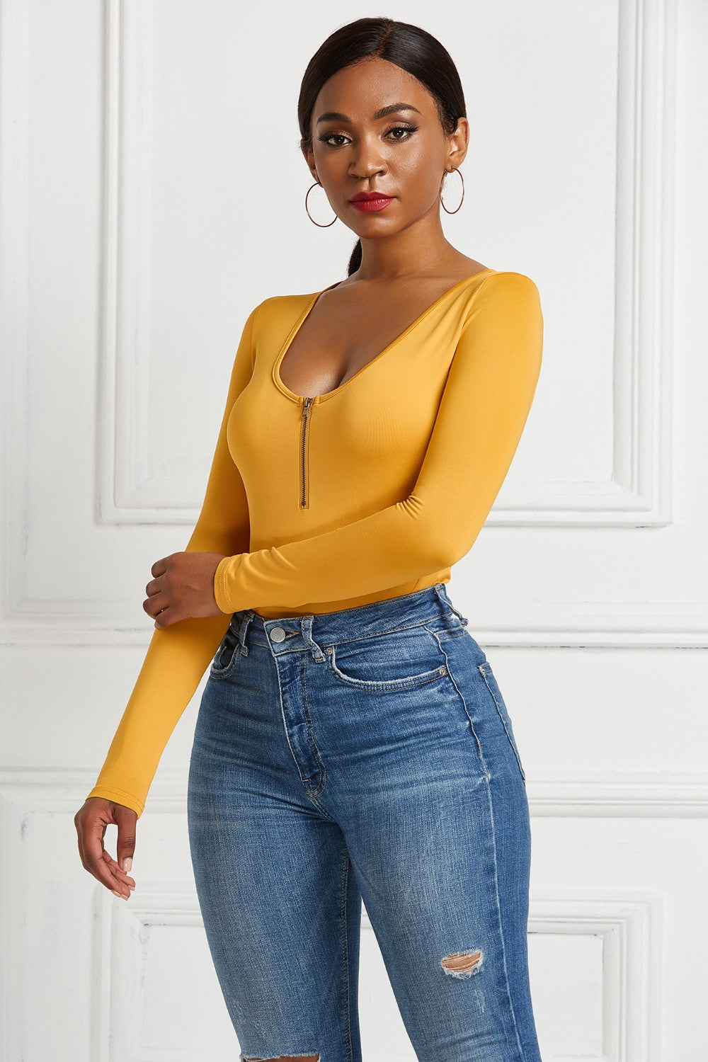 Half Zip Scoop Neck Long Sleeve Bodysuit - Luxe4Everyday Gold / S Bodysuit