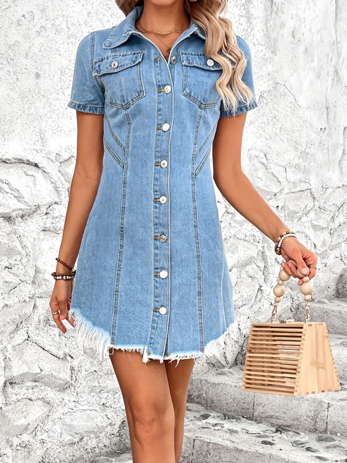 Raw Hem Button Up Short Sleeve Denim Dress - Luxe4Everyday Dress