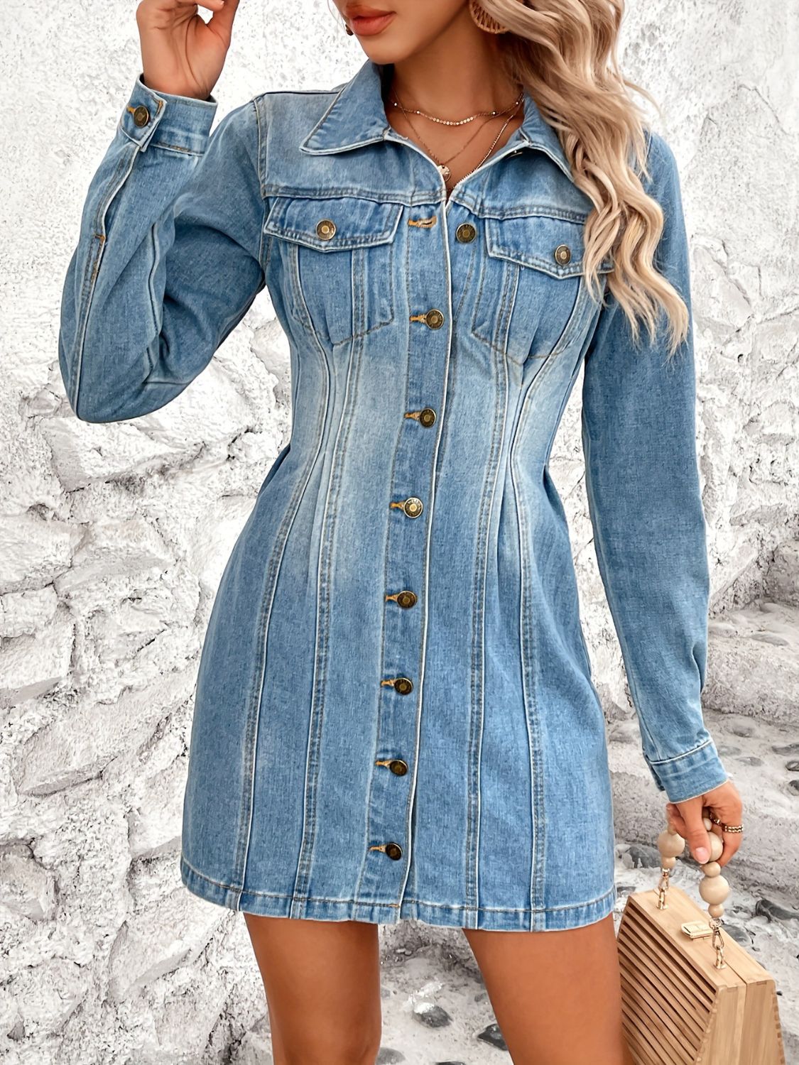 Pocketed Button Up Long Sleeve Denim Dress - Luxe4Everyday Medium / XS Dress