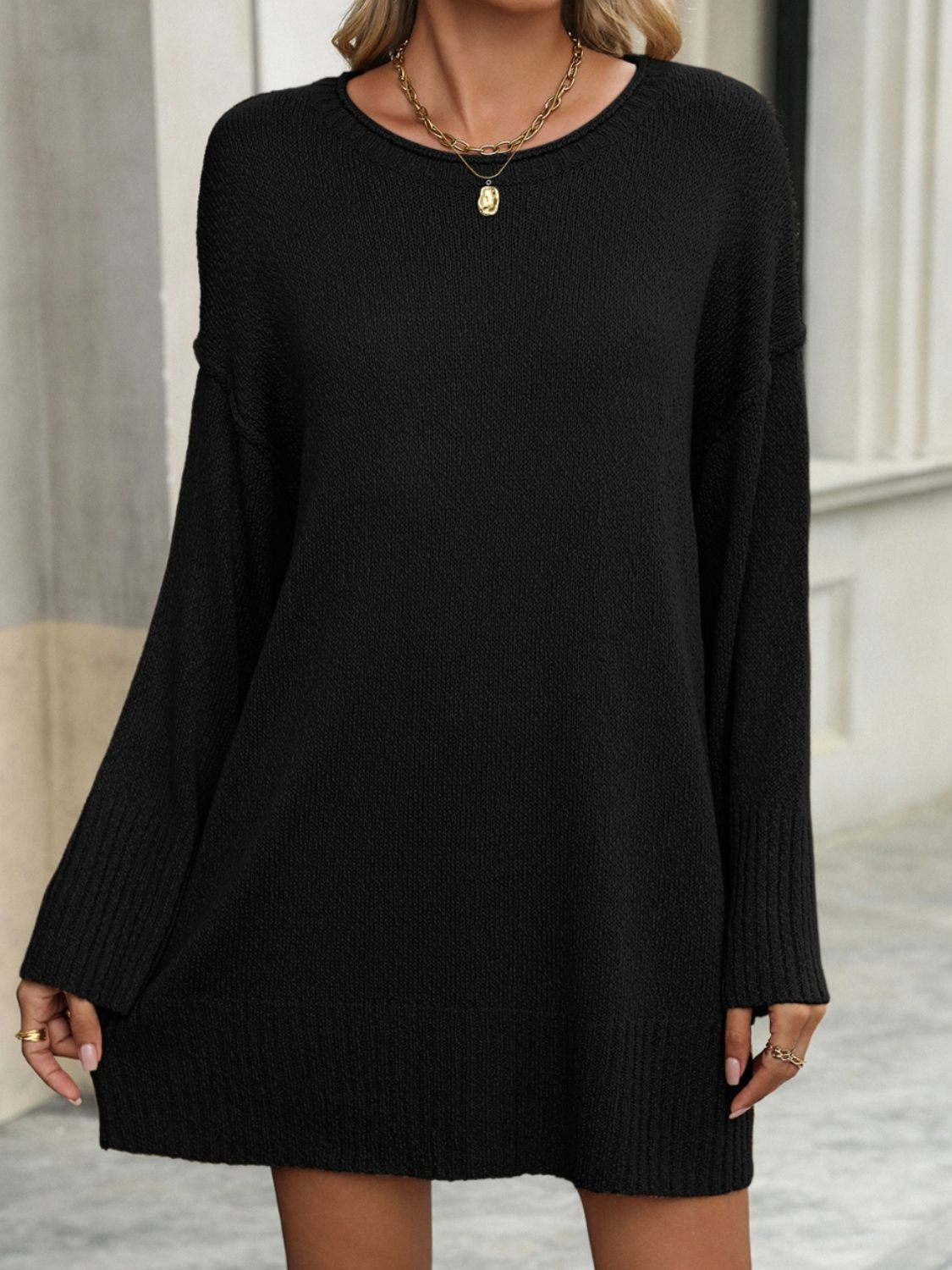 Round Neck Dropped Shoulder Sweater - Luxe4Everyday Black / S Sweater