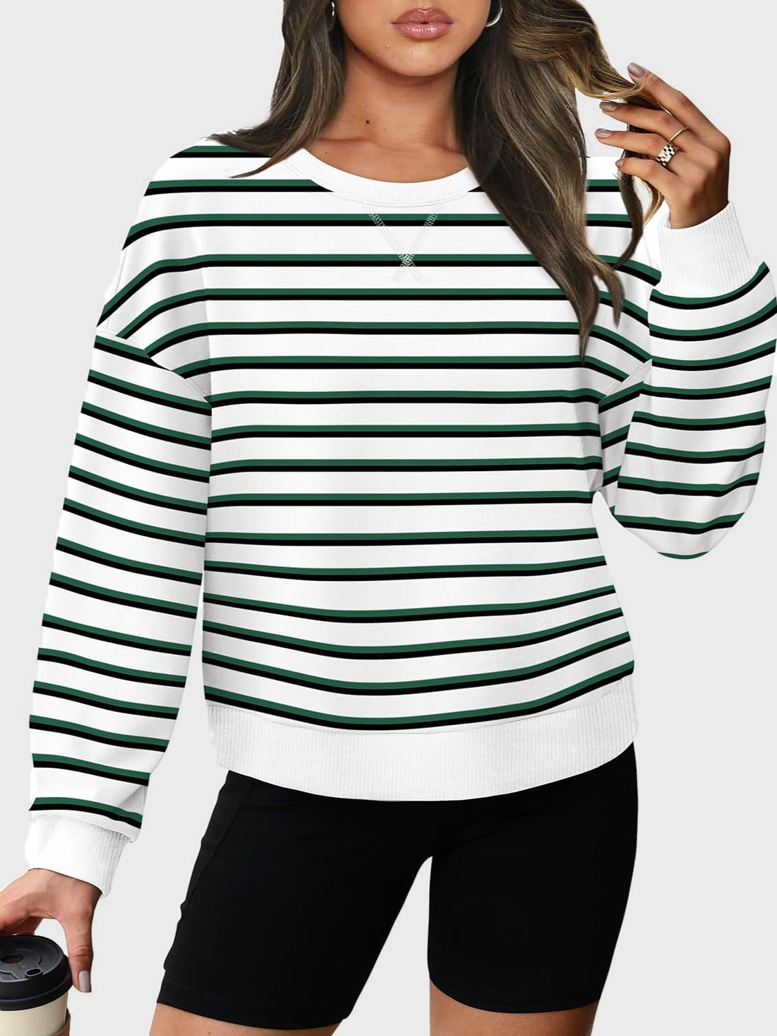 Lovelet Striped Round Neck Long Sleeve Sweatshirt - Luxe4Everyday Dark Green / S Sweater