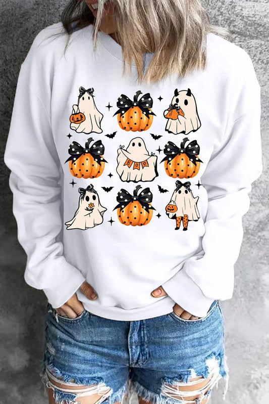 Pumpkin & Ghost Round Neck Long Sleeve Sweatshirt - Luxe4Everyday White / S Sweatshirt