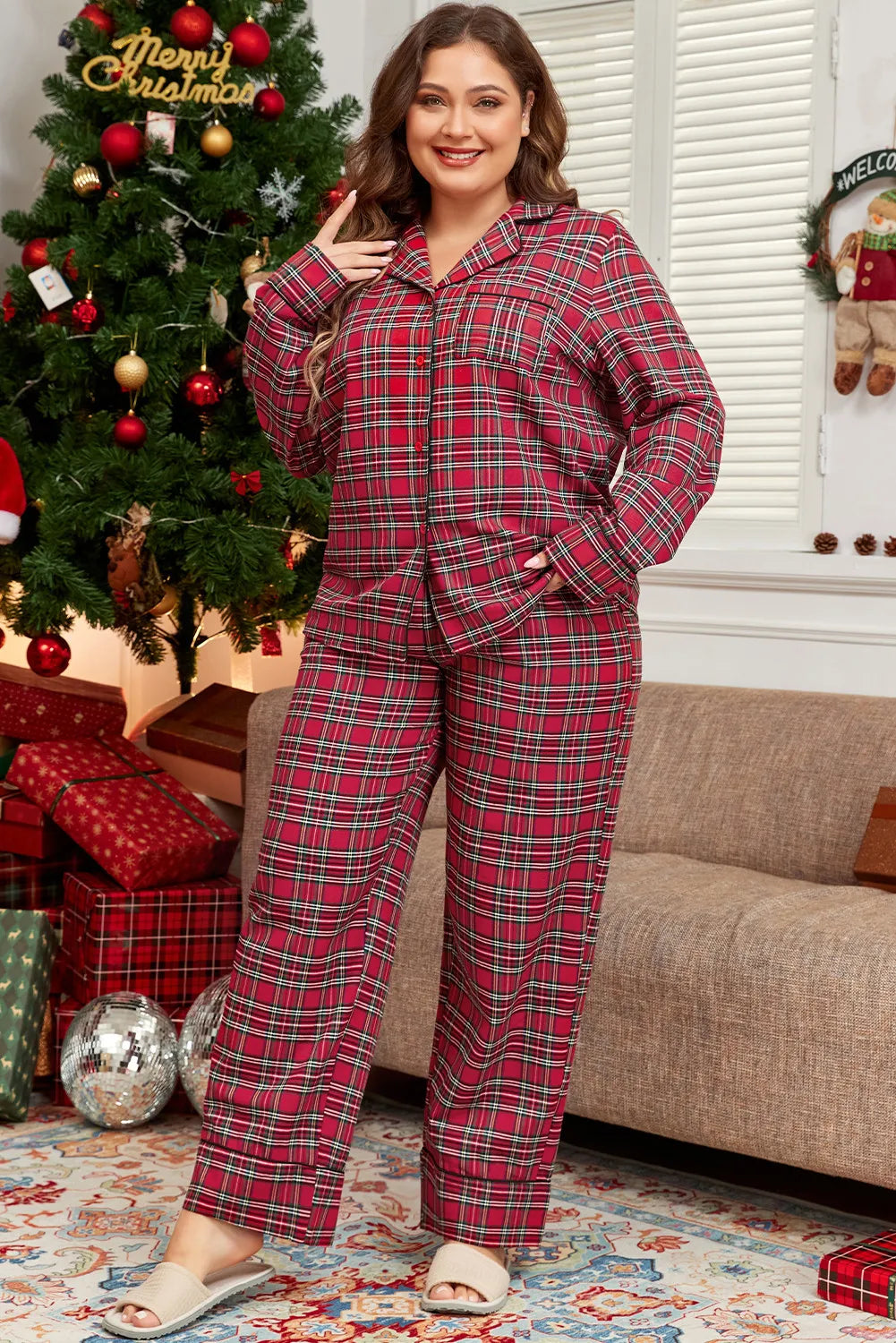 Plus Size Plaid Collared Neck Top and Pants Lounge Set - Luxe4Everyday Plaid / 1XL Lounge wear