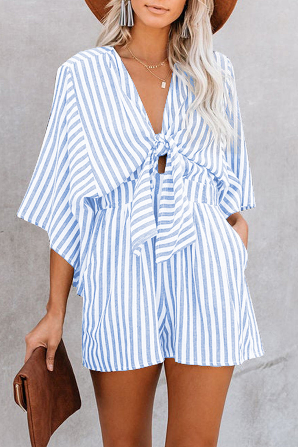 Bow Striped Kimono Sleeve Romper - Luxe4Everyday Blush Pink / S Rompers