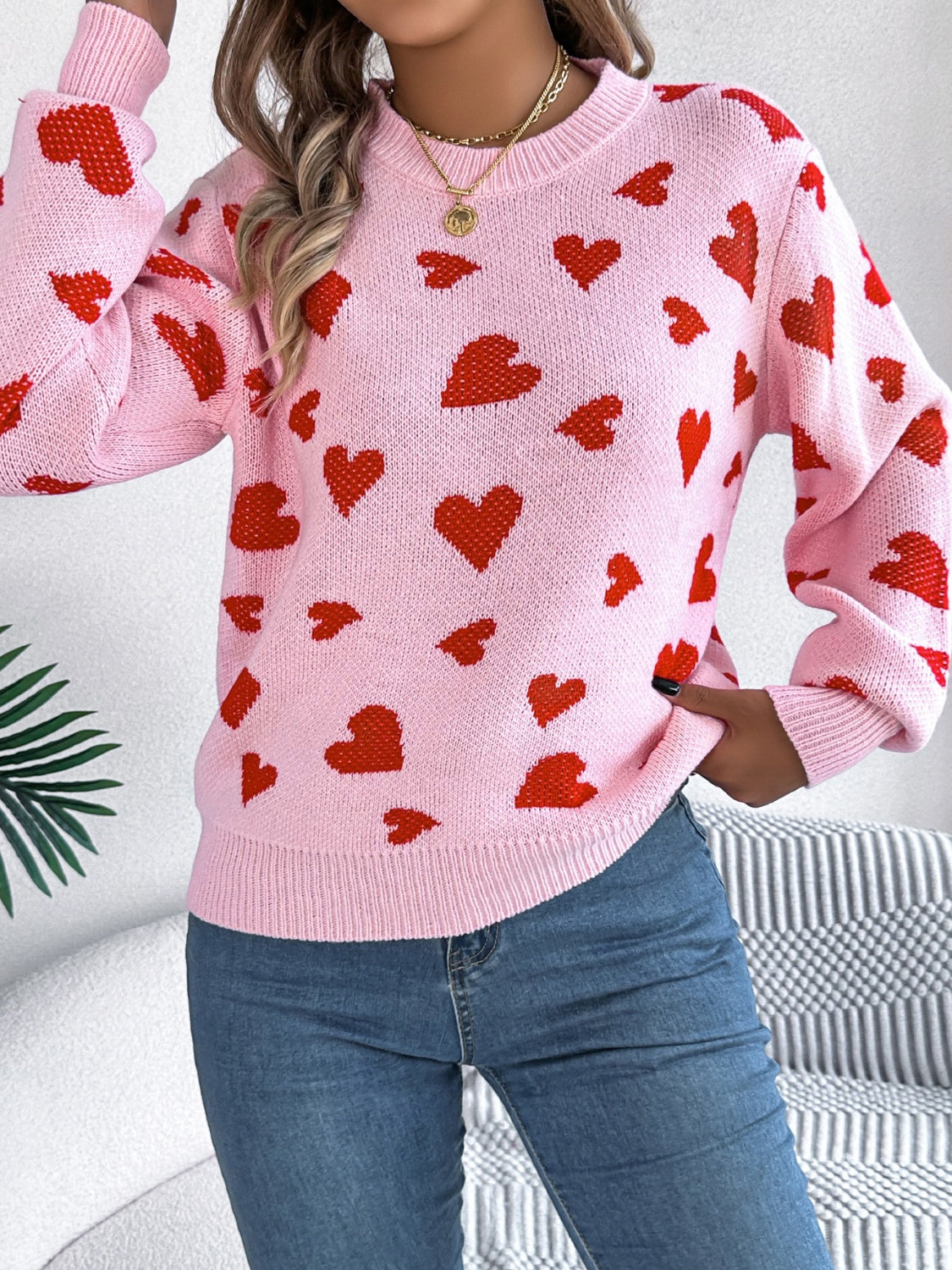 Heart Round Neck Long Sleeve Sweater - Luxe4Everyday Blush Pink / S Sweater