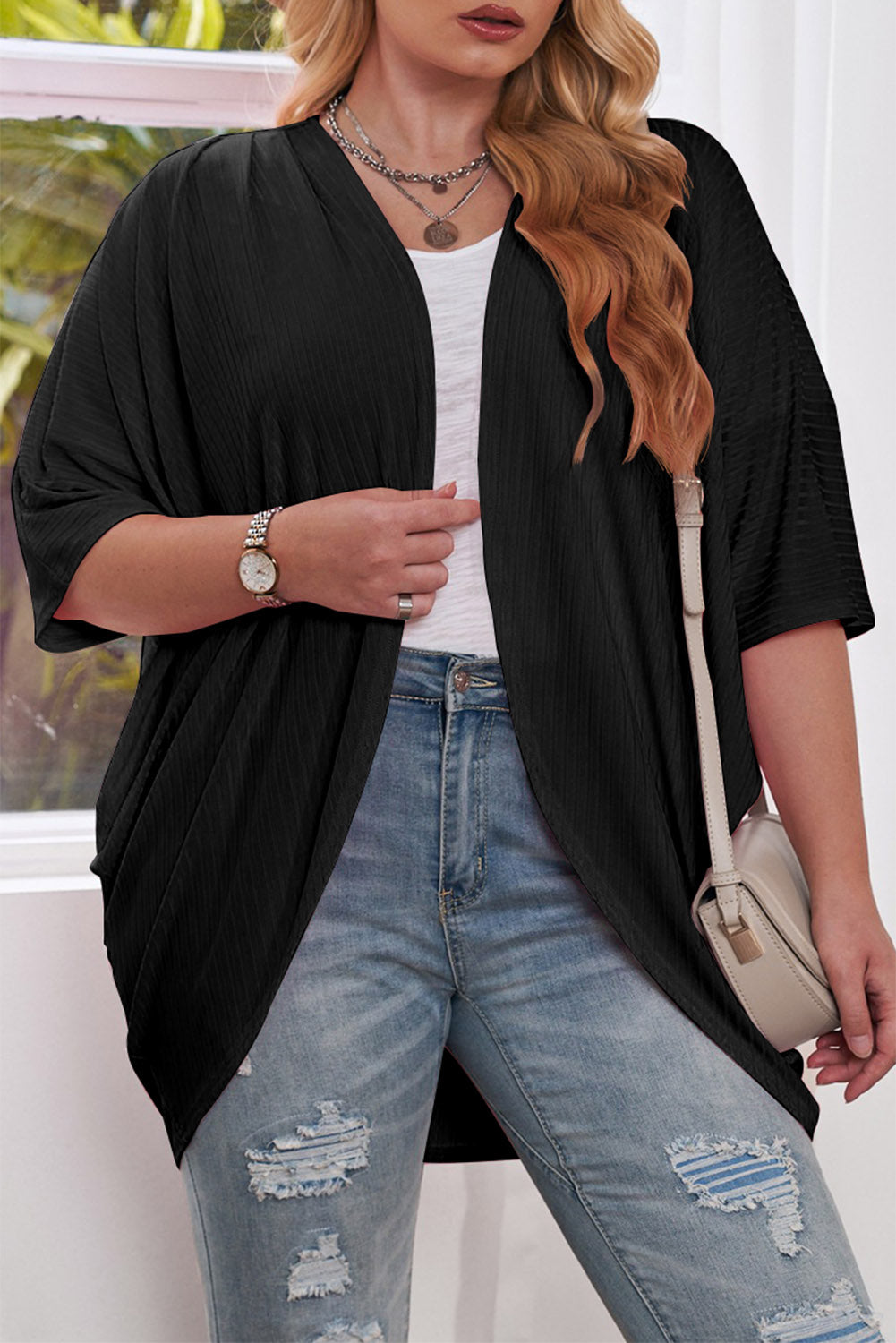 Plus Size Ribbed Cocoon Cover Up - Luxe4Everyday Black / 1XL Cardigan