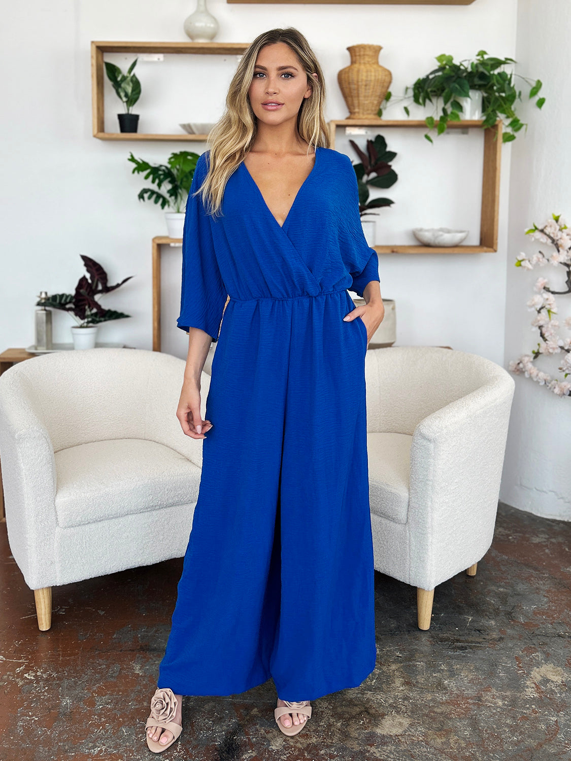 Double Take Full Size Surplice Wide Leg Jumpsuit with Pockets - Luxe4Everyday Jumpsuit