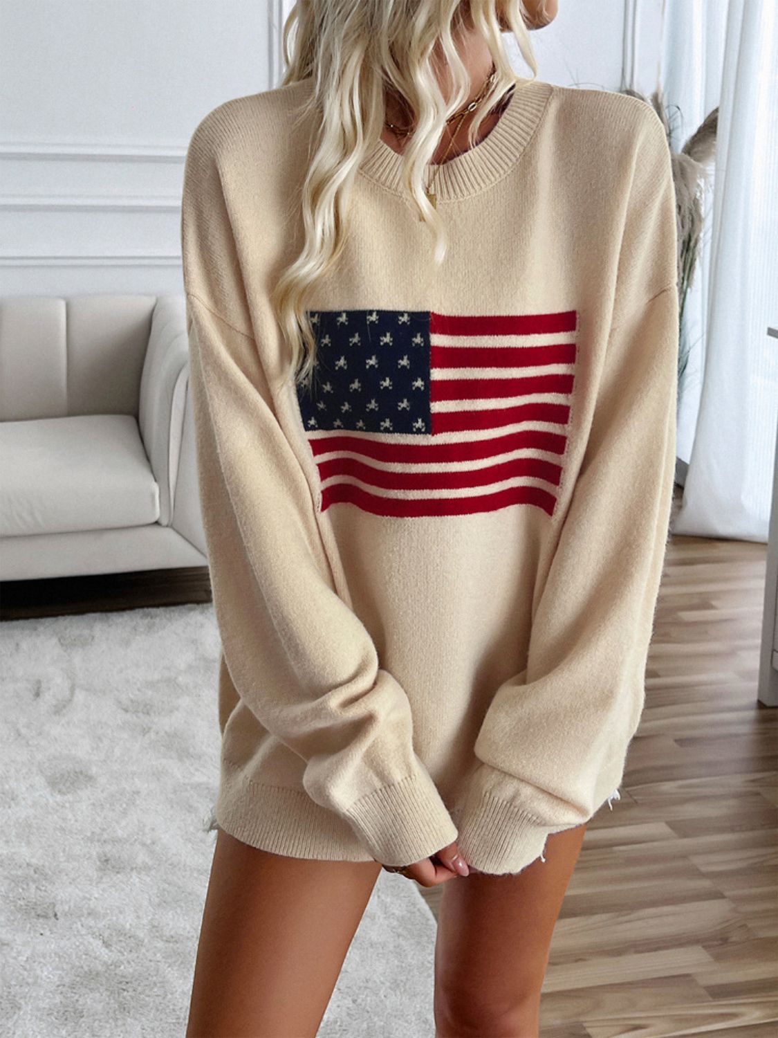 Devine US Flag Round Neck Long Sleeve Knit Top - Luxe4Everyday Beige / S Sweater