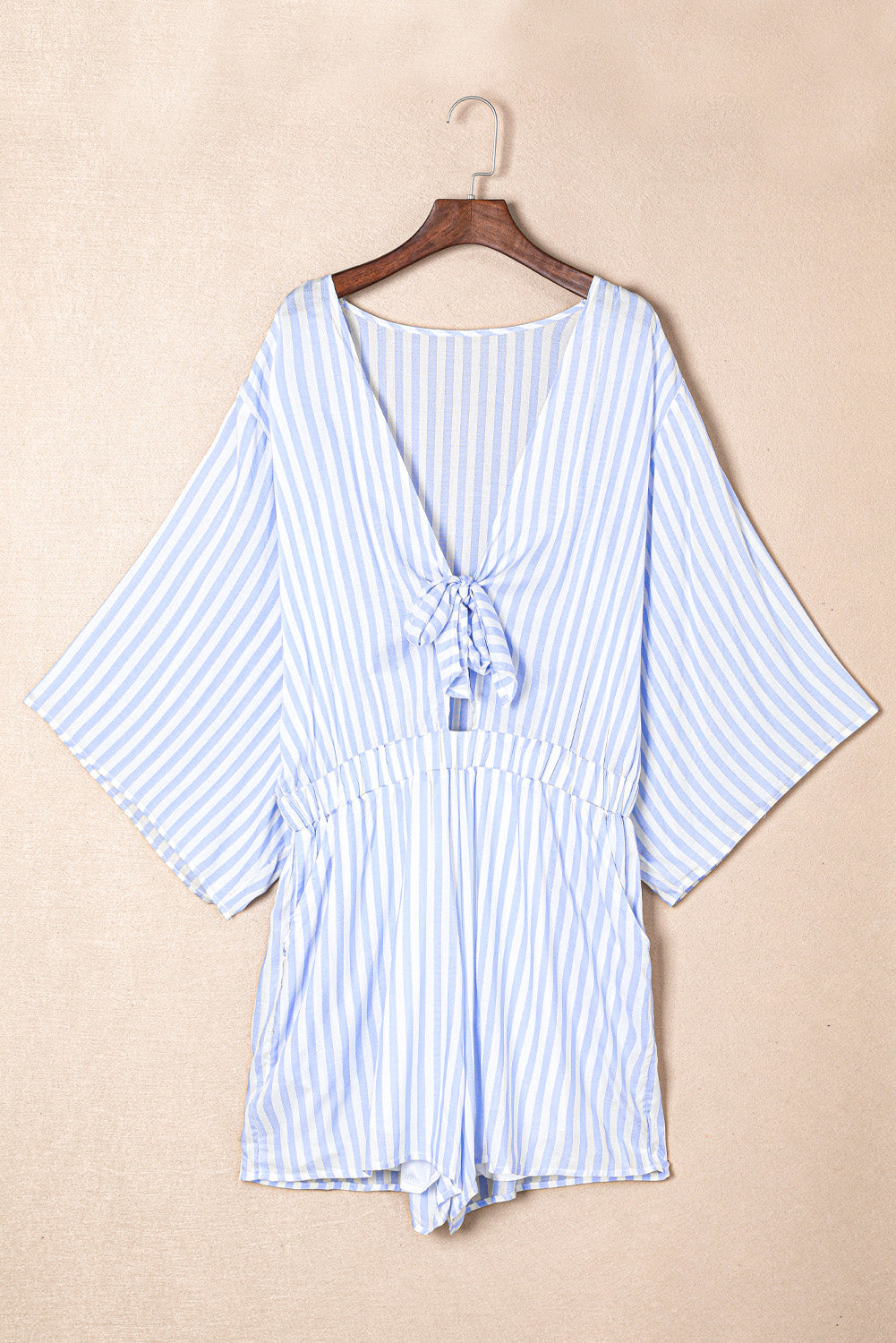 Bow Striped Kimono Sleeve Romper - Luxe4Everyday Blush Pink / S Rompers