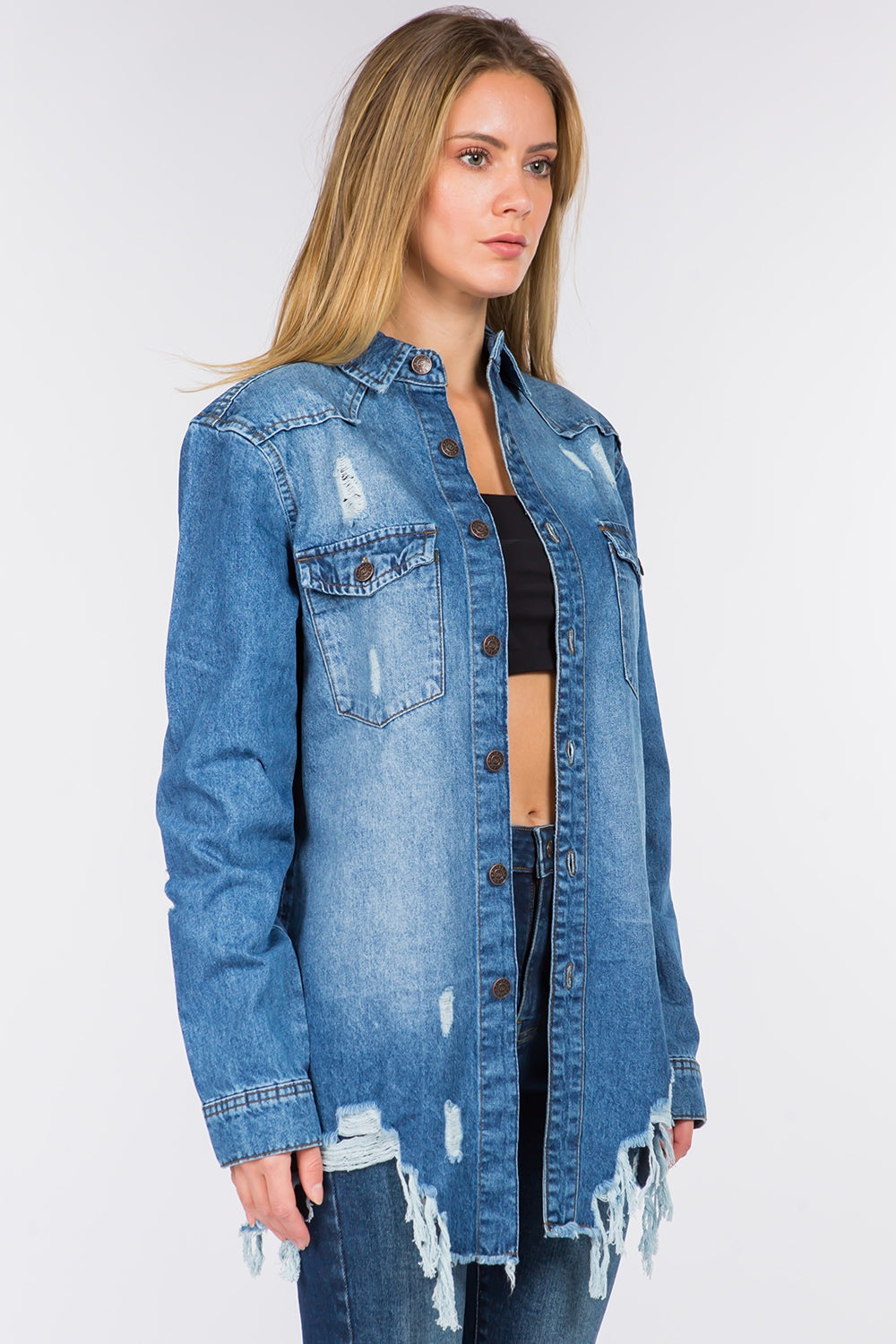 American Bazi Distressed Frayed Hem Denim Jacket - Luxe4Everyday Jacket