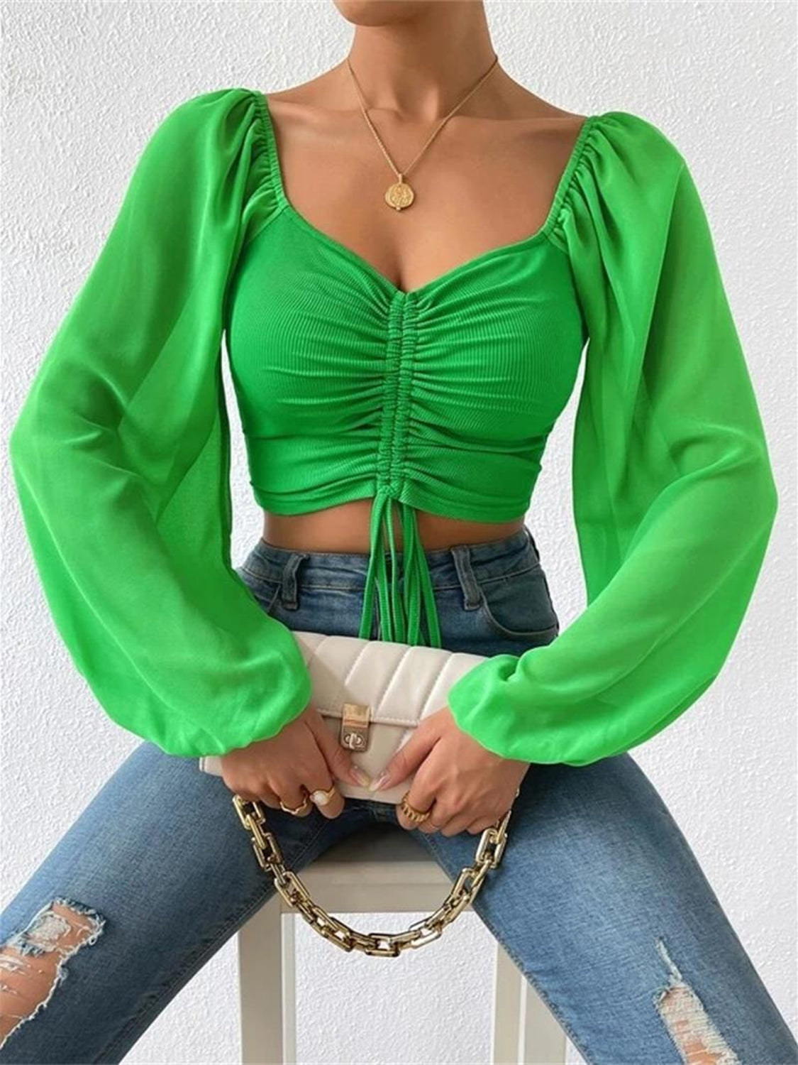 Drawstring Sweetheart Neck Cropped Top - Luxe4Everyday Mid Green / S Shirt