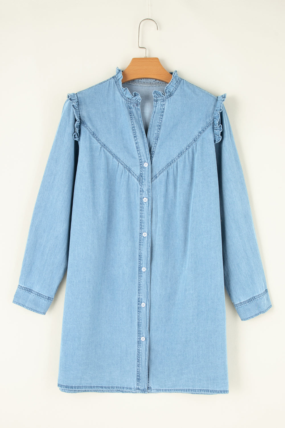 Button Up Notched Long Sleeve Denim Dress - Luxe4Everyday Dress