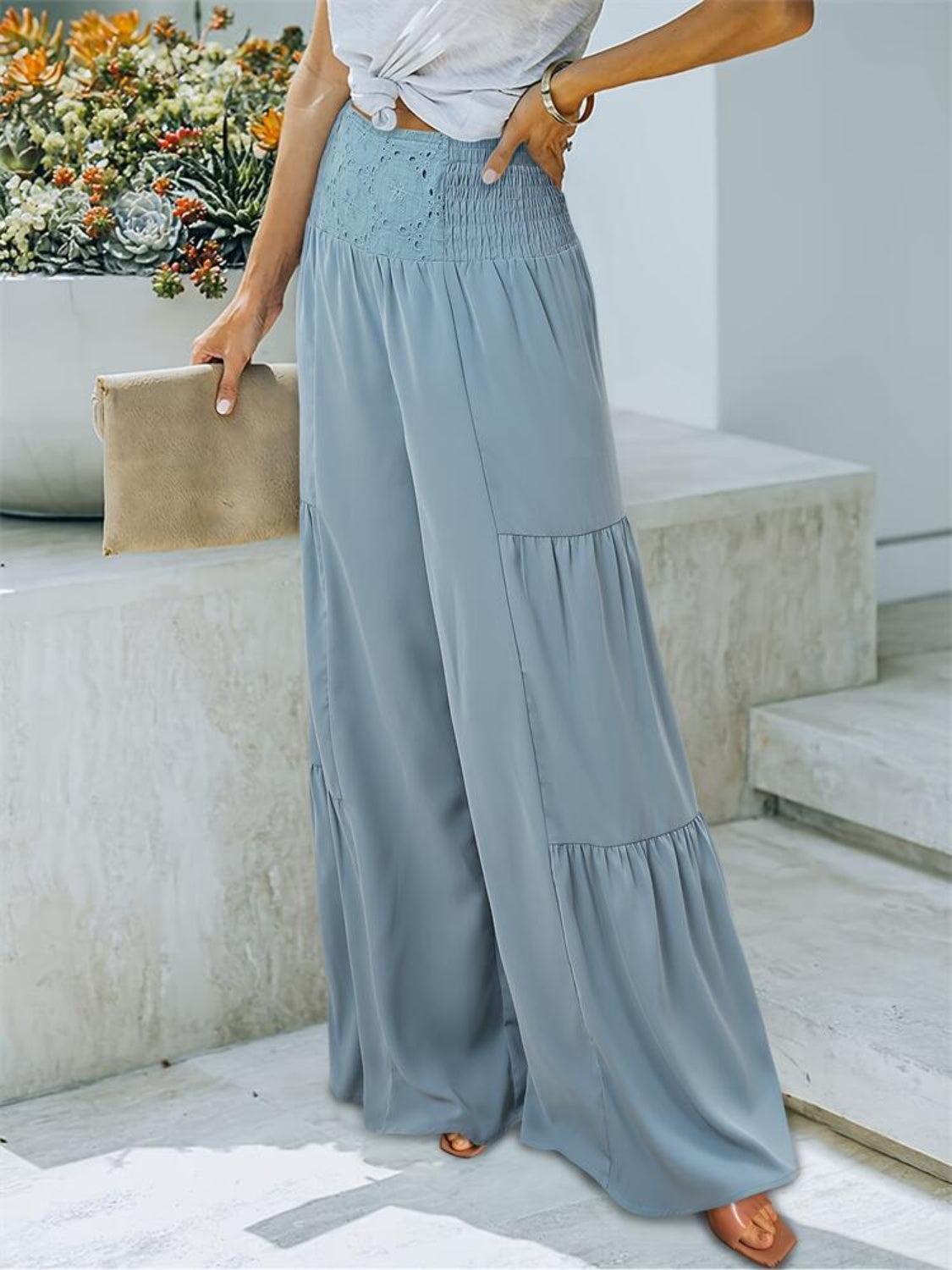 Smocked High Waist Pants - Luxe4Everyday Light Blue / S Pants