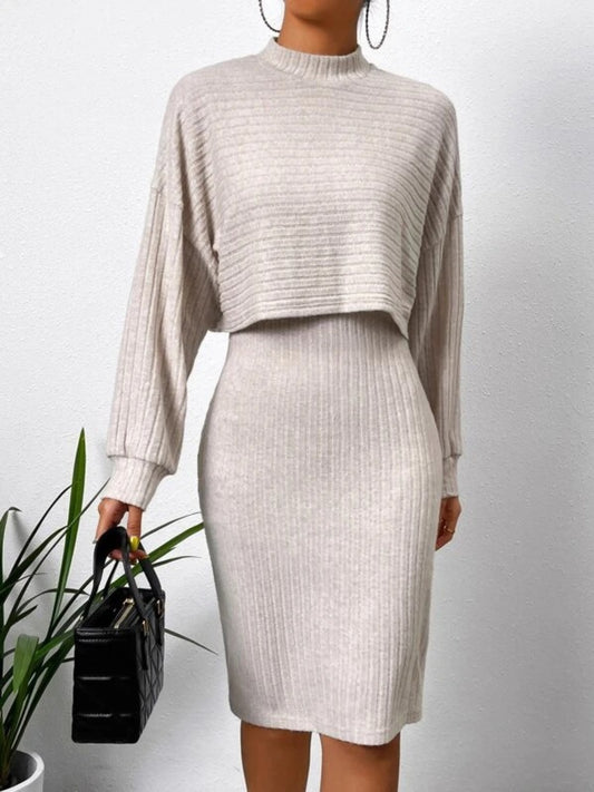 Mock Neck Long Sleeve Top and Wide Strap Dress Set - Luxe4Everyday Dust Storm / S Two-piece sets