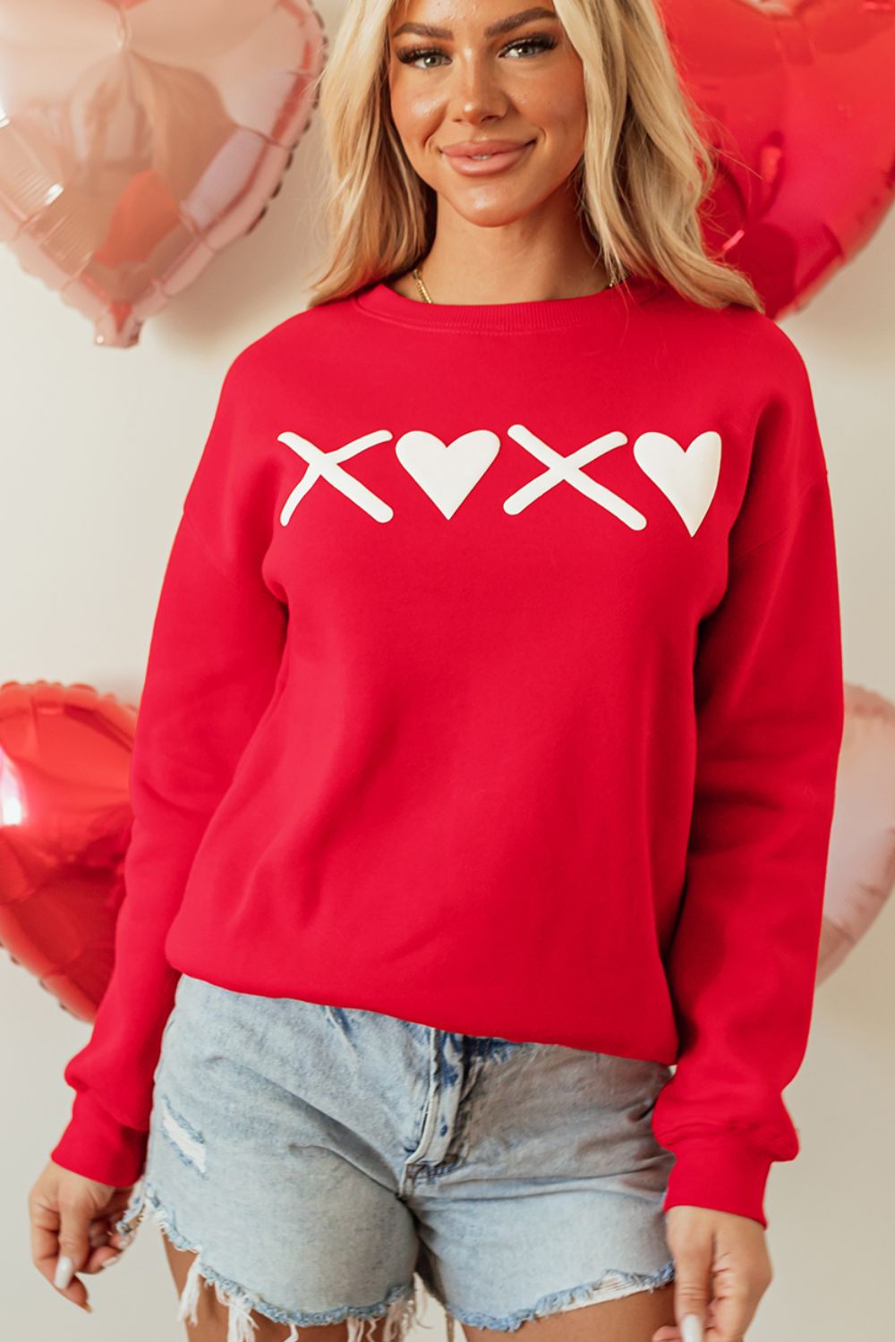 Valentine’s Day XOXO Round Neck Drop Shoulder Sweatshirt - Luxe4Everyday Red / S Sweater