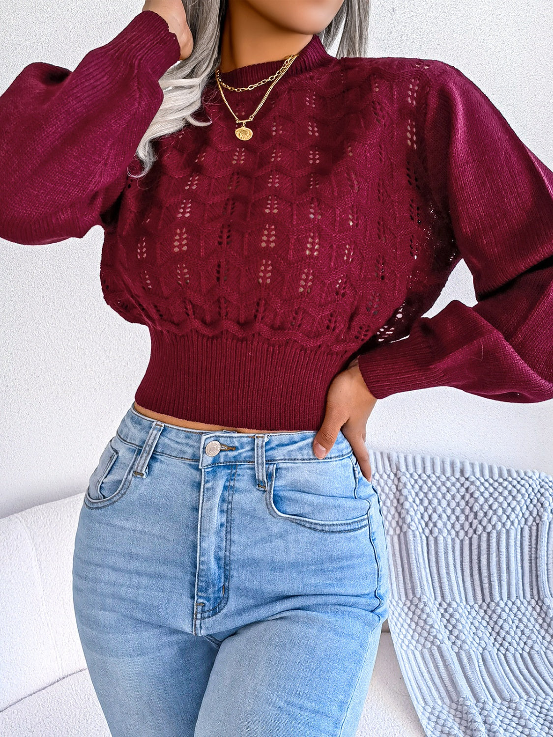 Openwork Mock Neck Long Sleeve Cropped Sweater - Luxe4Everyday Burgundy / S Sweater