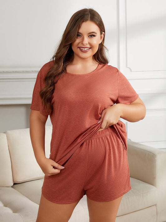 Plus Size Round Neck Short Sleeve Two-Piece Loungewear Set - Luxe4Everyday Rust / 0XL Lounge wear