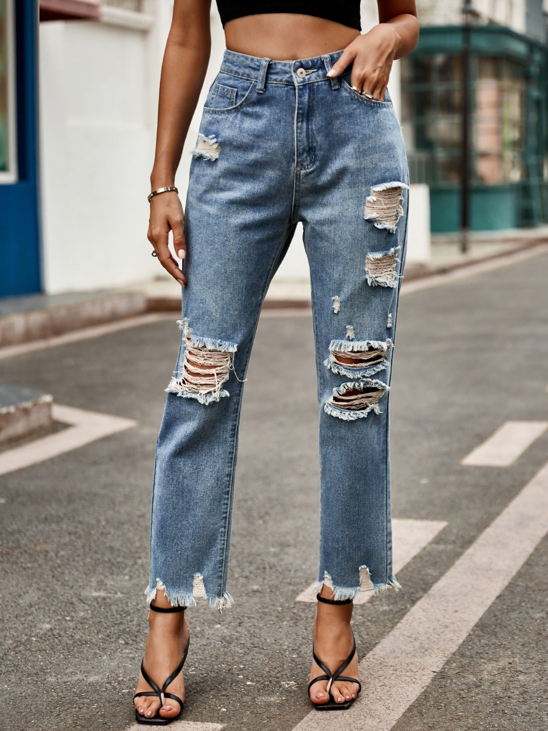 Distressed Raw Hem Jeans with Pockets - Luxe4Everyday Jeans