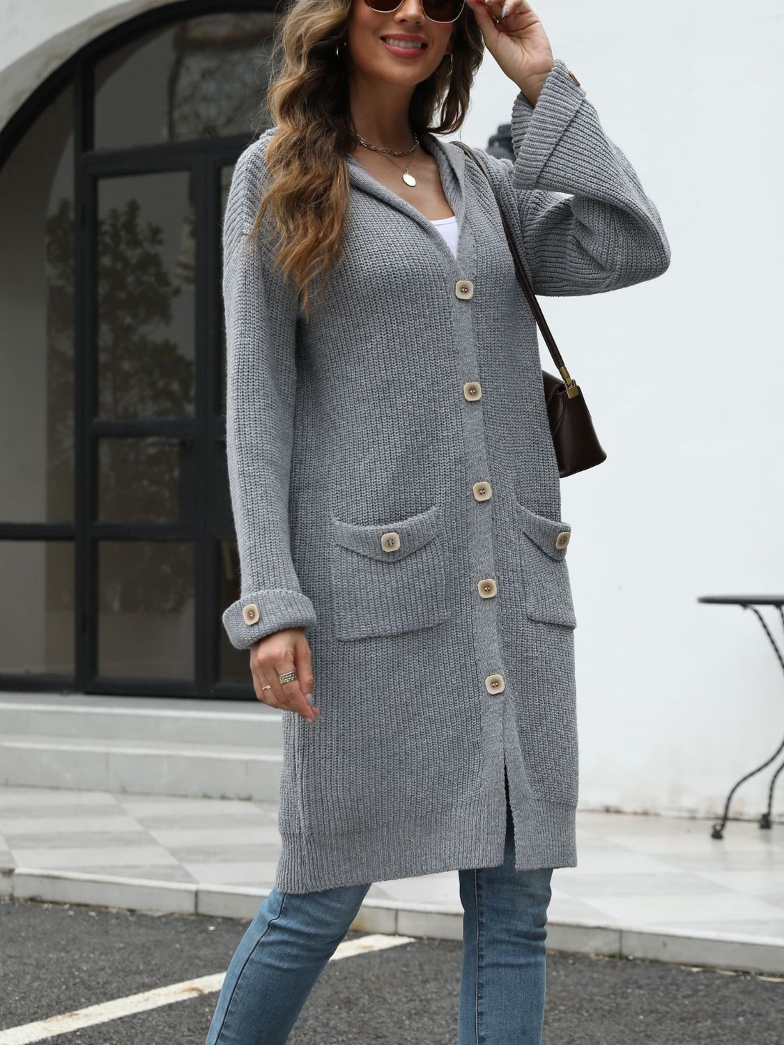 Pocketed Button Up Long Sleeve Hooded Cardigan - Luxe4Everyday Jacket