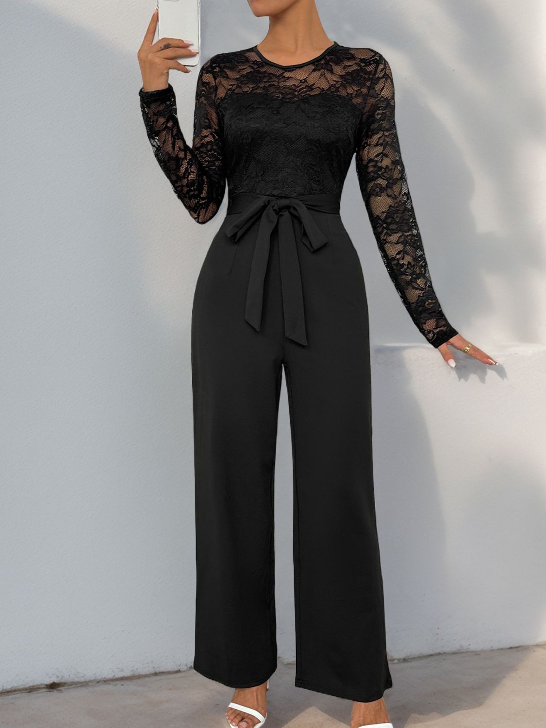 Perfee Lace Round Neck Long Sleeve Jumpsuit - Luxe4Everyday Black / S Jumpsuit