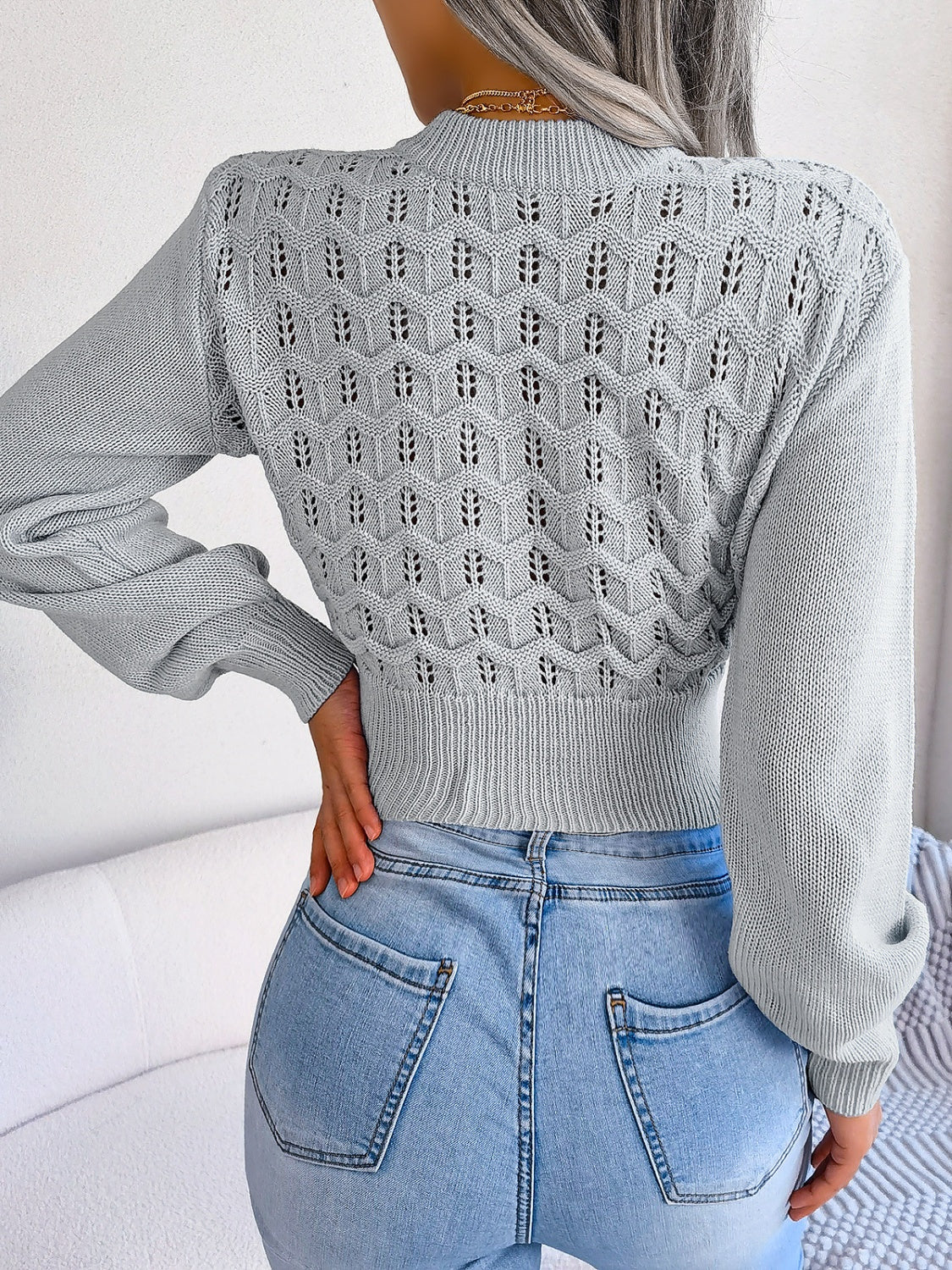 Openwork Mock Neck Long Sleeve Cropped Sweater - Luxe4Everyday Burgundy / S Sweater