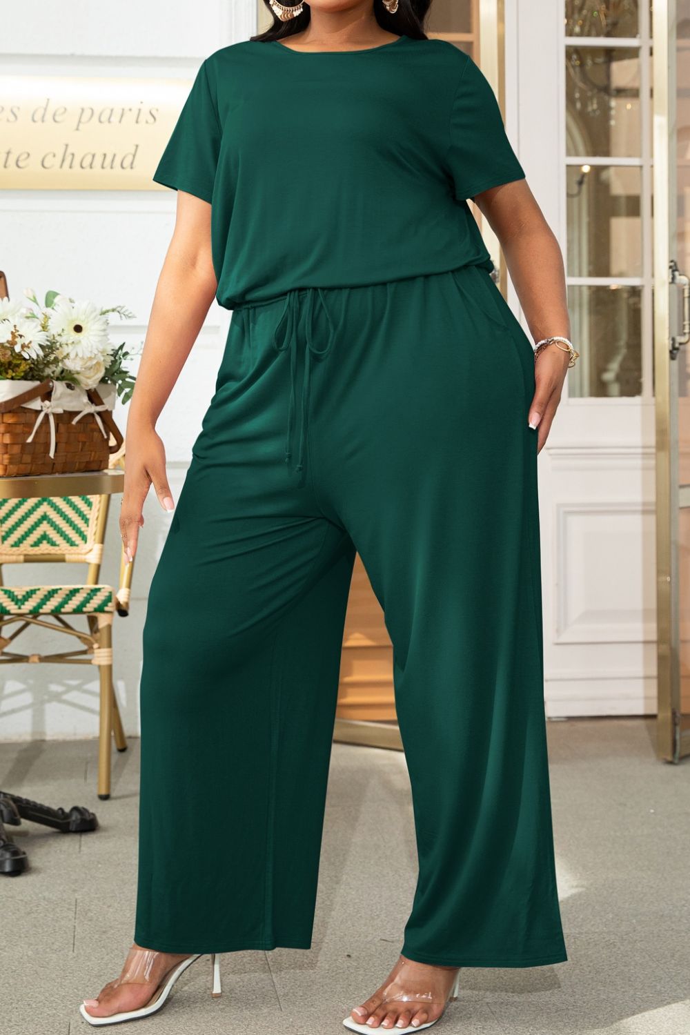 Plus Size Drawstring Waist Short Sleeve Jumpsuit - Luxe4Everyday Forest / 0XL Jumpsuit