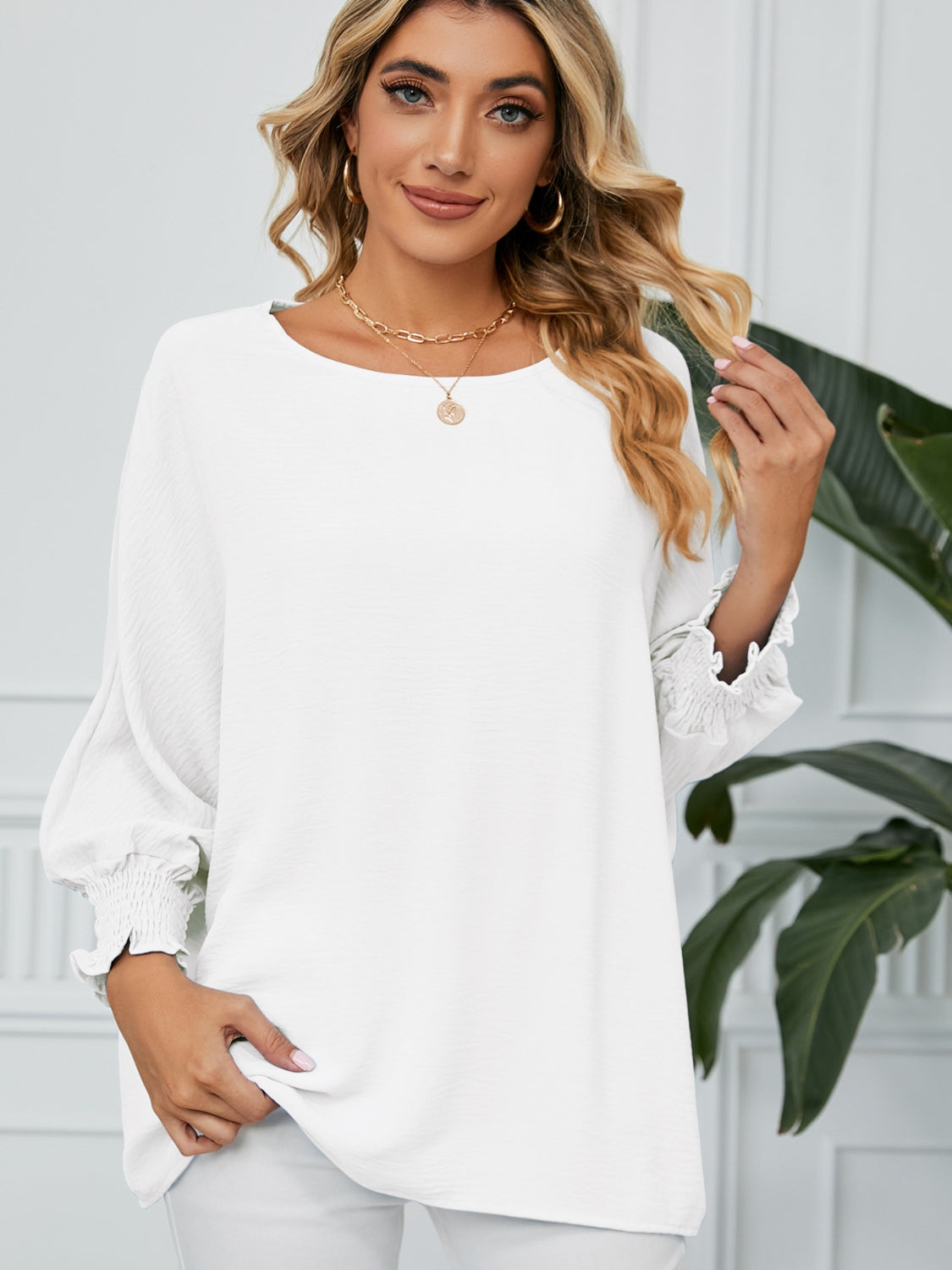 Smocked Lantern Sleeve Round Neck Blouse - Luxe4Everyday White / S Shirt