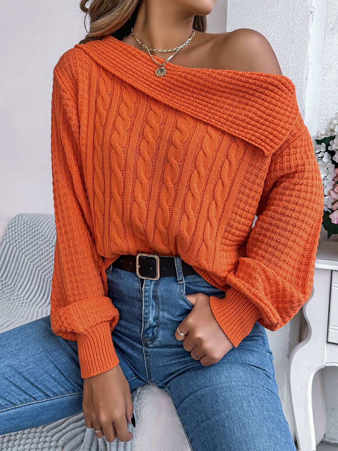 Cable-Knit One Shoulder Long Sleeve Sweater - Luxe4Everyday Sweater