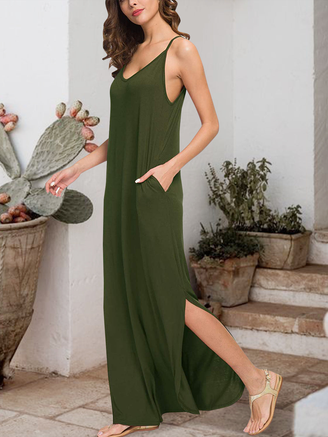 Slit Scoop Neck Sleeveless Dress - Luxe4Everyday Army Green / XS Dress