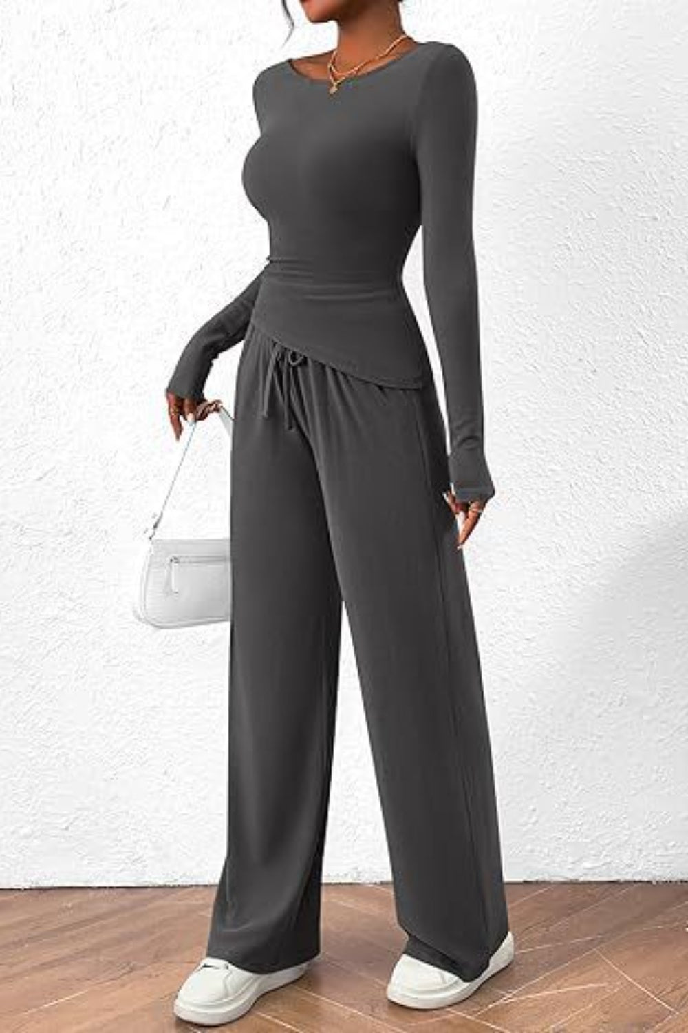 Round Neck Long Sleeve Top and Pants Set - Luxe4Everyday Dark Gray / XS two-piece set