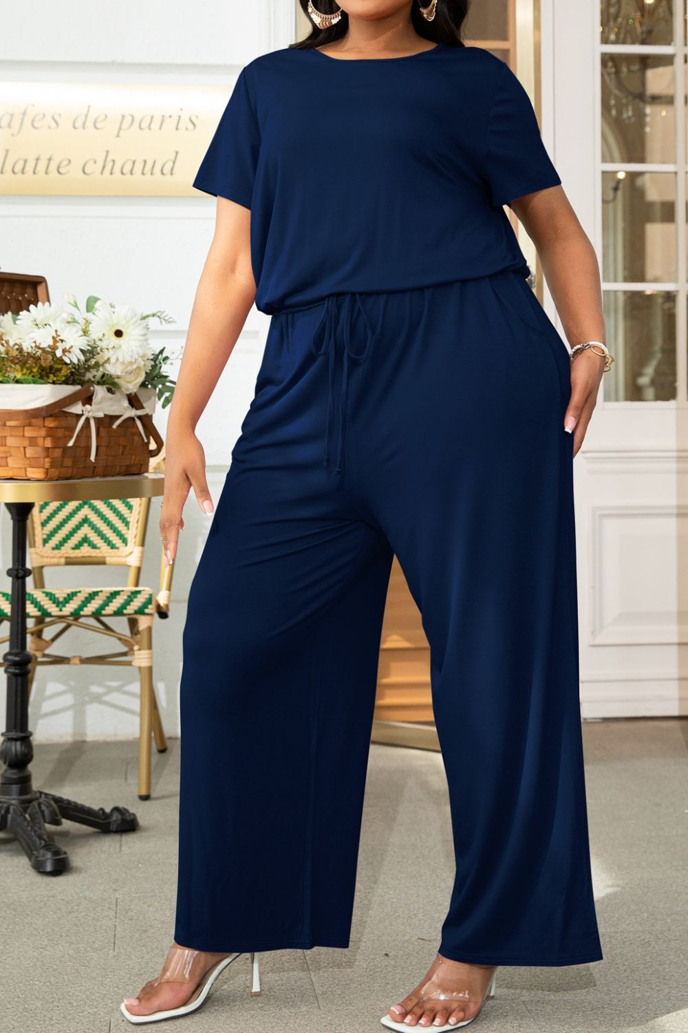 Plus Size Drawstring Waist Short Sleeve Jumpsuit - Luxe4Everyday Dark Navy / 0XL Jumpsuit